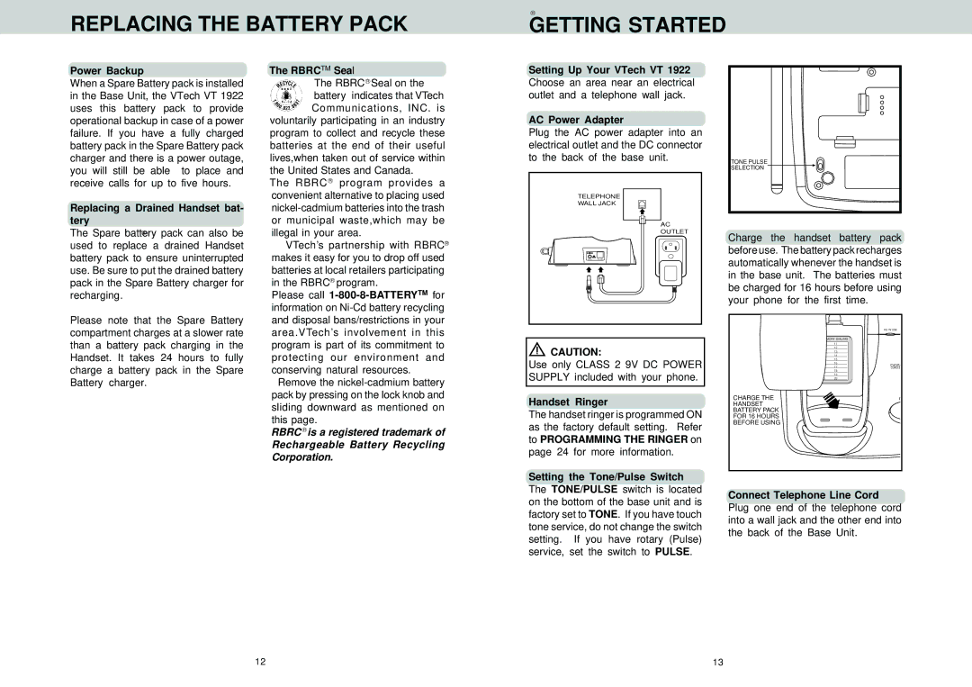 VTech VT 1922 Replacing the Battery Pack Getting Started, Power Backup, Replacing a Drained Handset bat- tery, Rbrctm Seal 