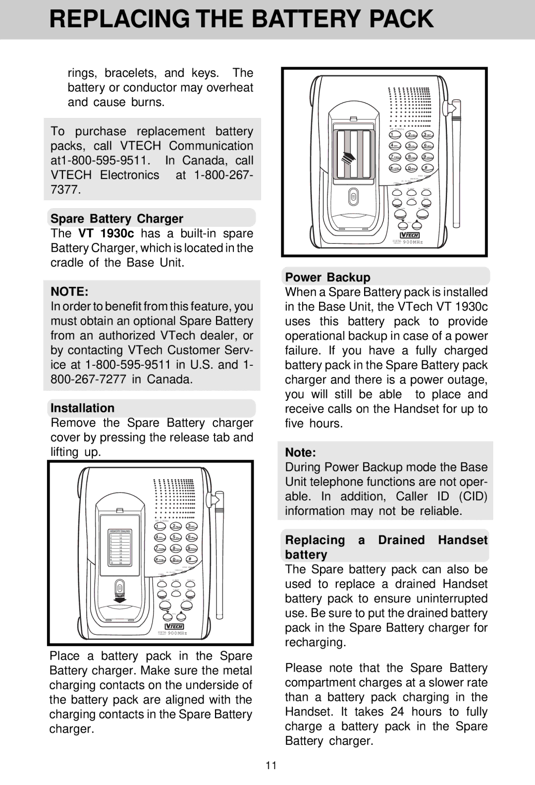 VTech VT 1930c manual Spare Battery Charger, Installation, Power Backup, Replacing a Drained Handset battery 