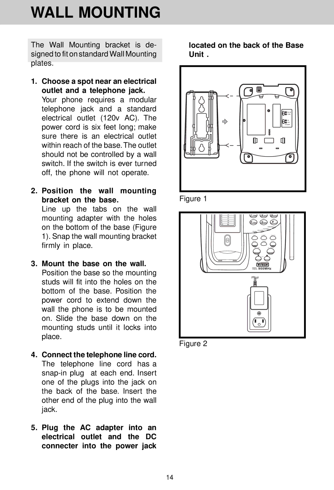 VTech VT 1930c manual Wall Mounting 