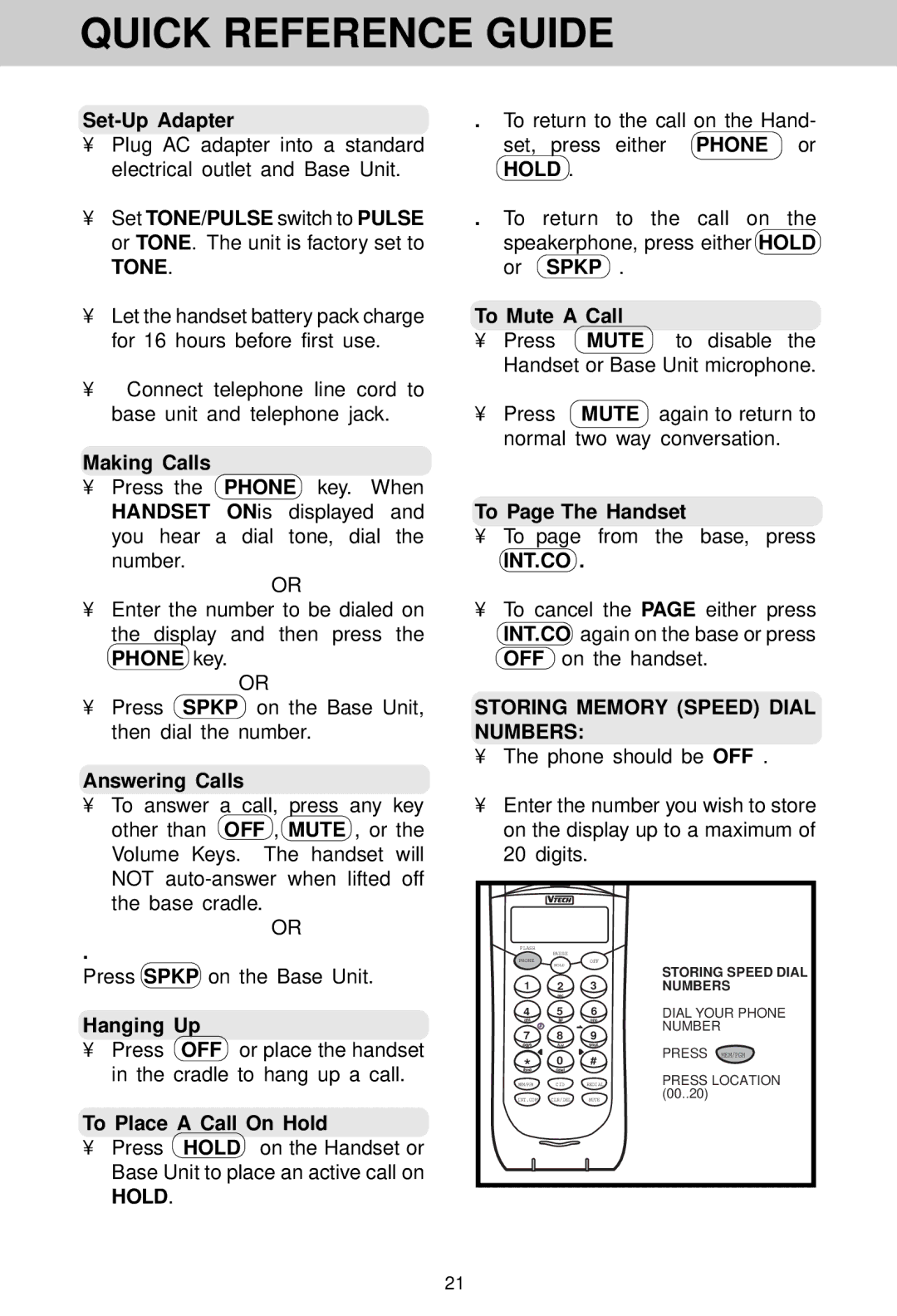 VTech VT 1930c manual Quick Reference Guide, Int.Co, Storing Memory Speed Dial Numbers 