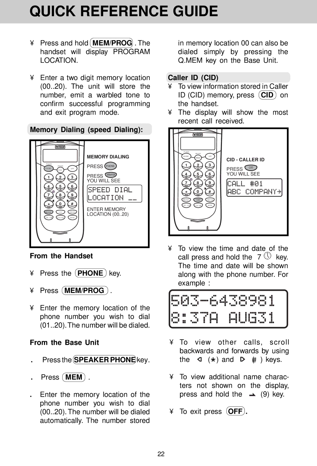 VTech VT 1930c manual Memory Dialing speed Dialing, From the Handset, ¥ Press MEM/PROG, Caller ID CID 