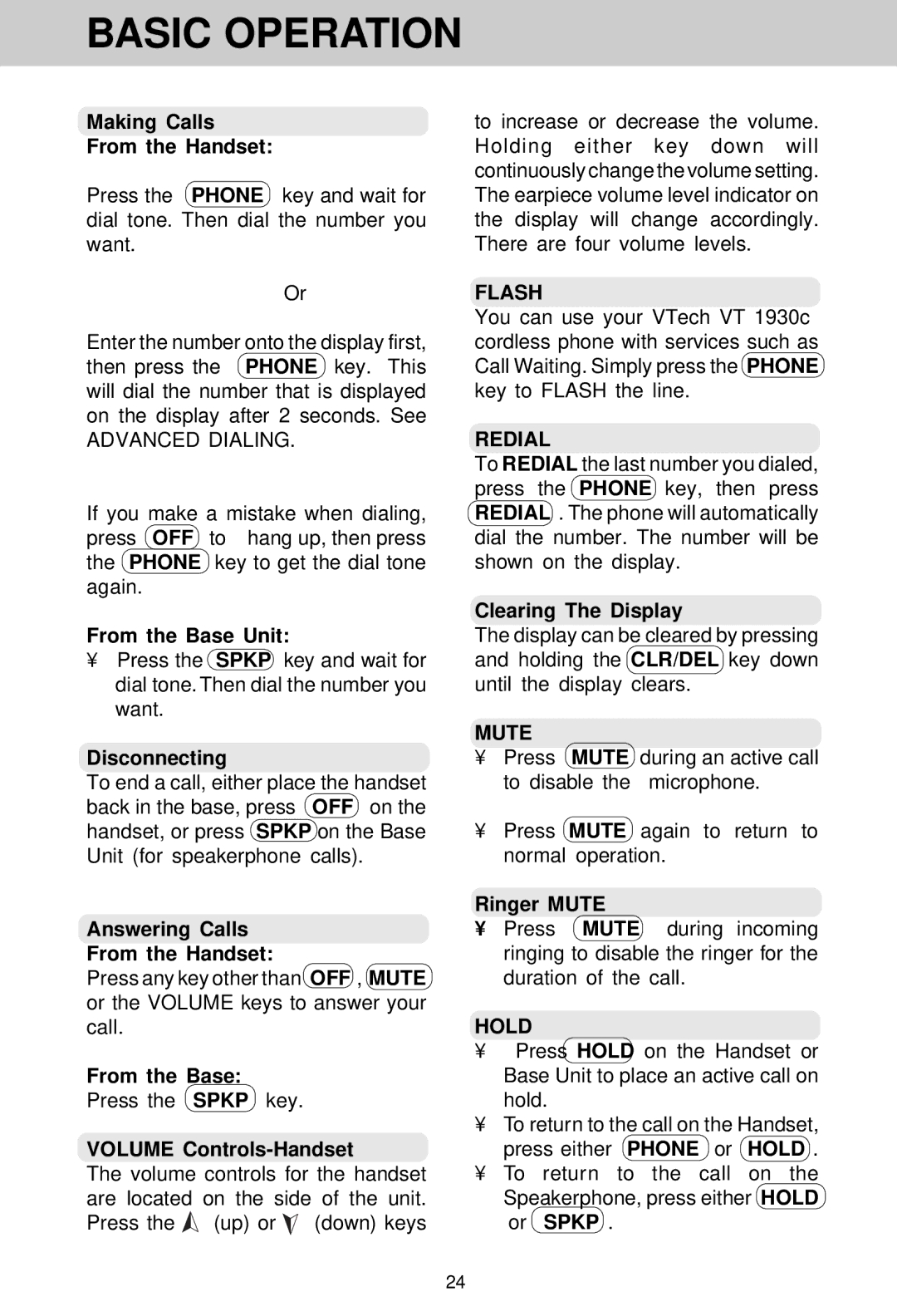 VTech VT 1930c manual Basic Operation, Flash, Redial, Mute 