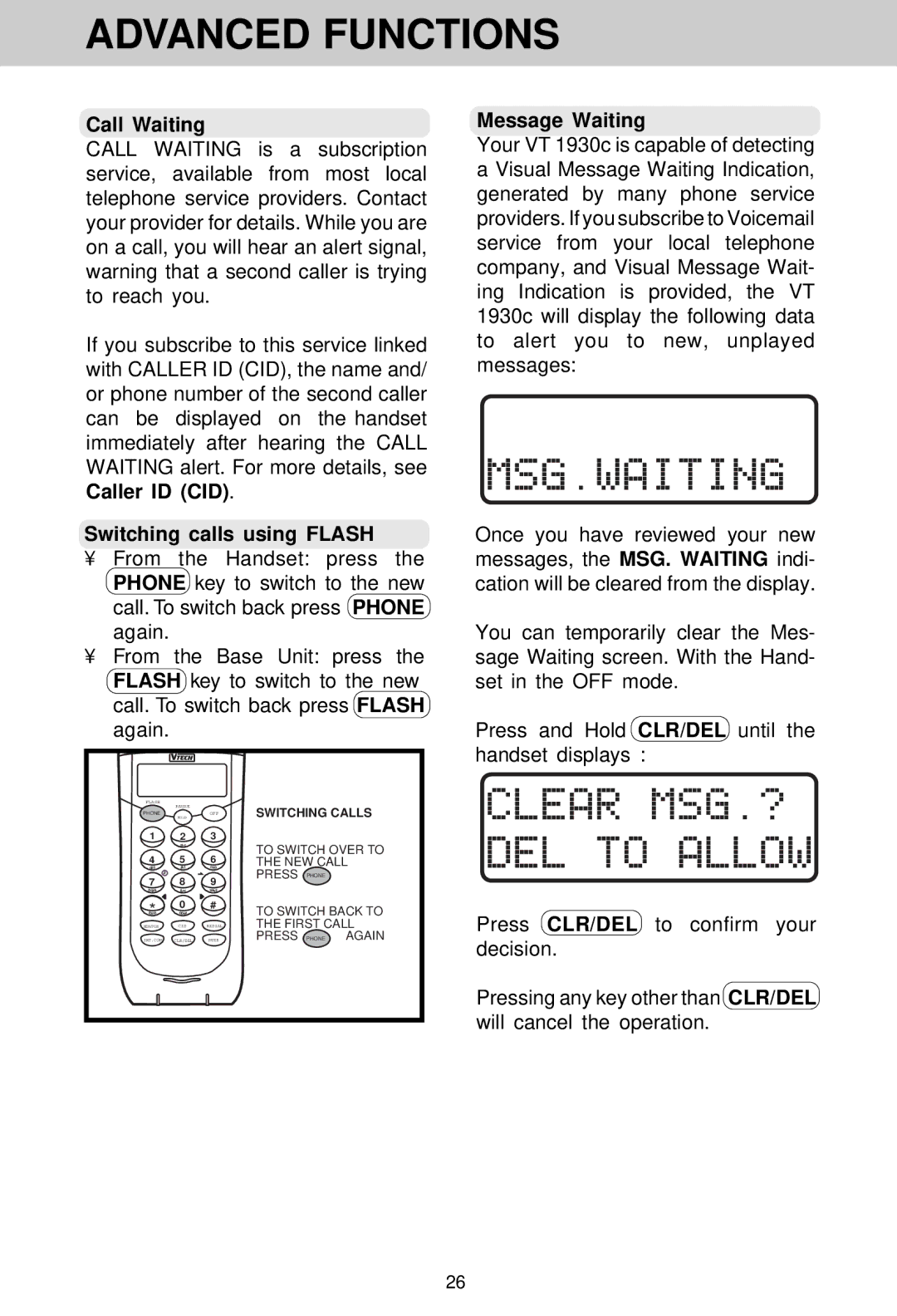 VTech VT 1930c manual Advanced Functions, Call Waiting, Switching calls using Flash, Message Waiting 