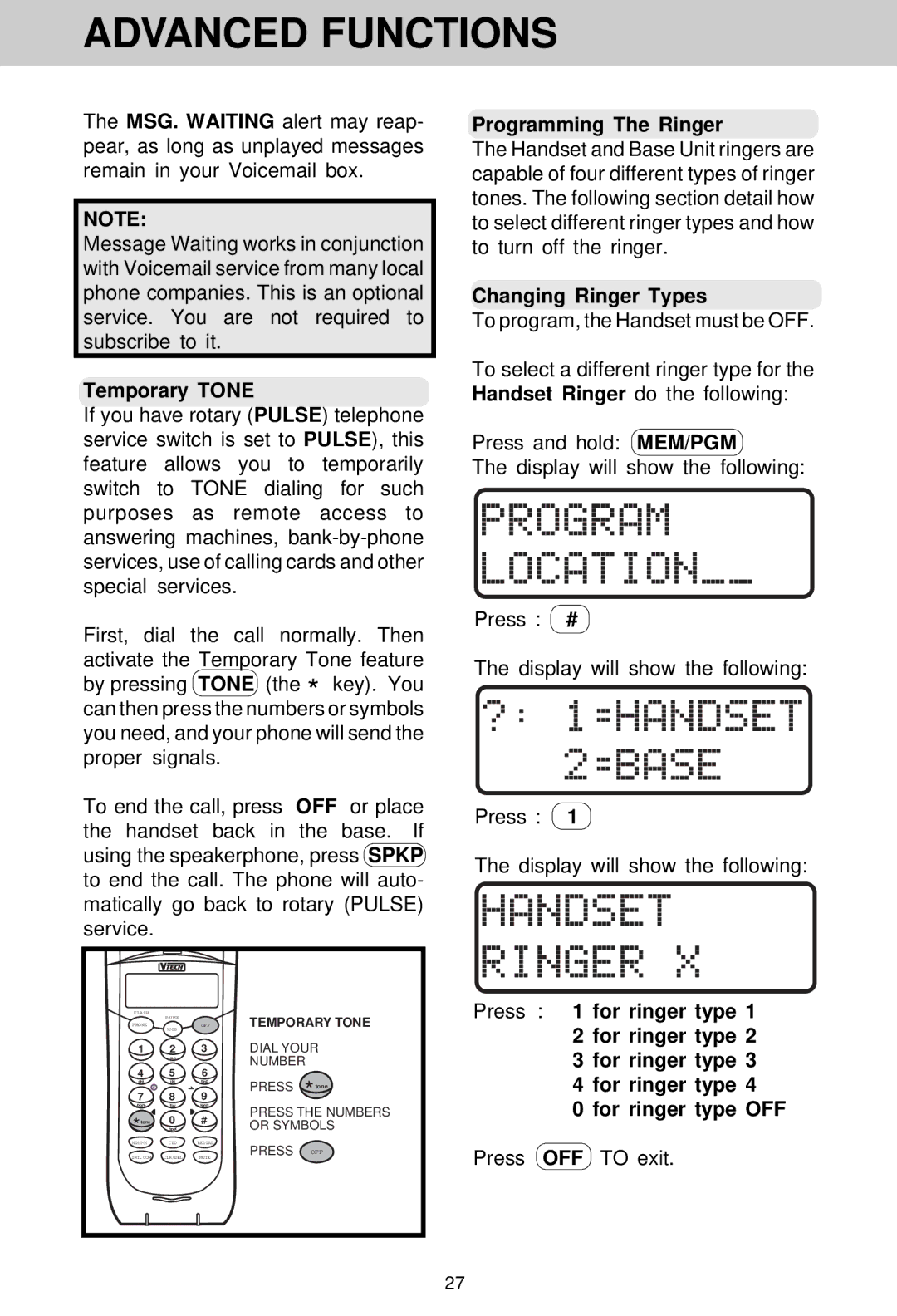 VTech VT 1930c manual Temporary Tone, Programming The Ringer, Changing Ringer Types 