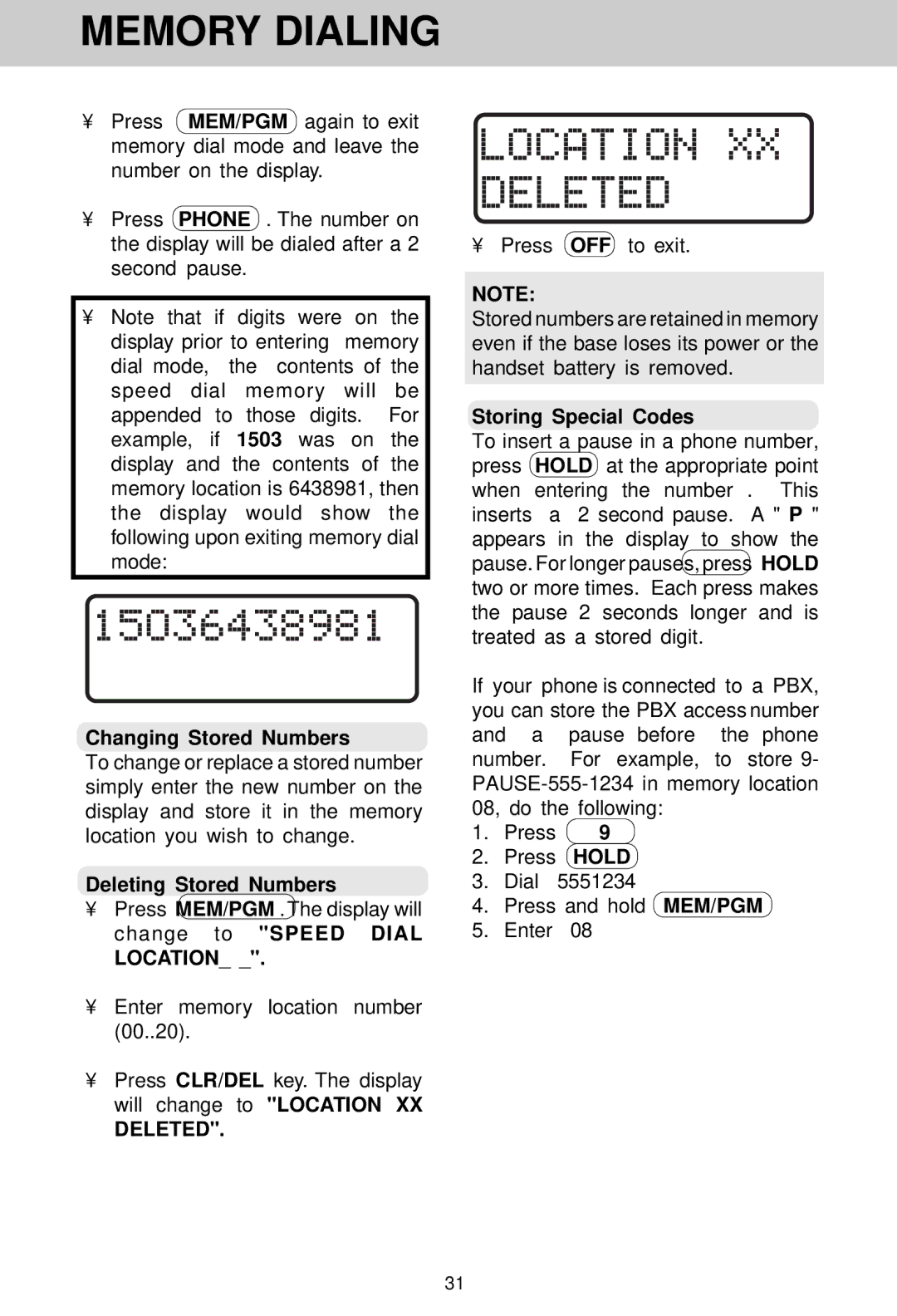 VTech VT 1930c manual Changing Stored Numbers, Deleting Stored Numbers, Deleted, Storing Special Codes 