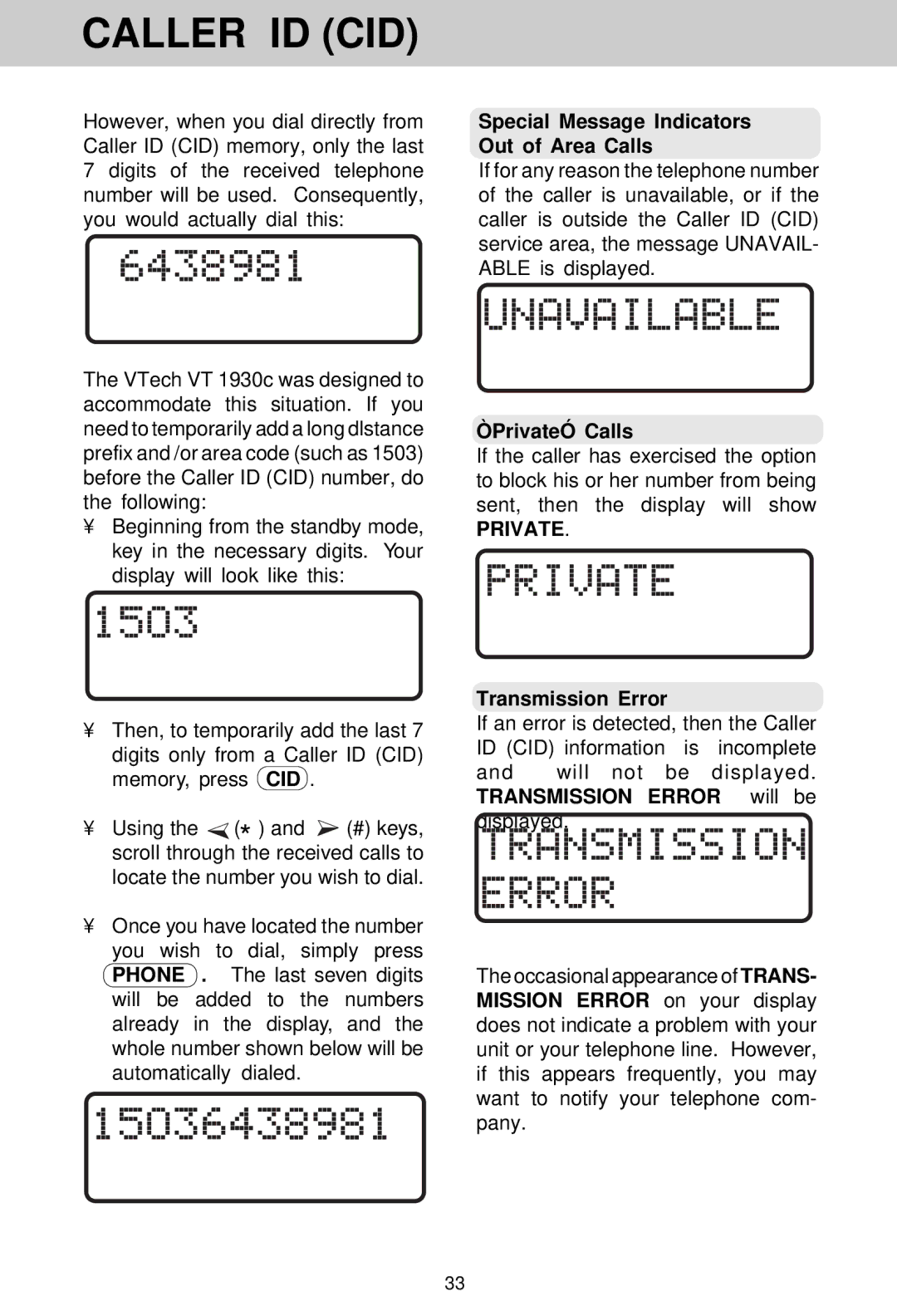 VTech VT 1930c manual Special Message Indicators Out of Area Calls, ÒPrivateÓ Calls, Transmission Error 