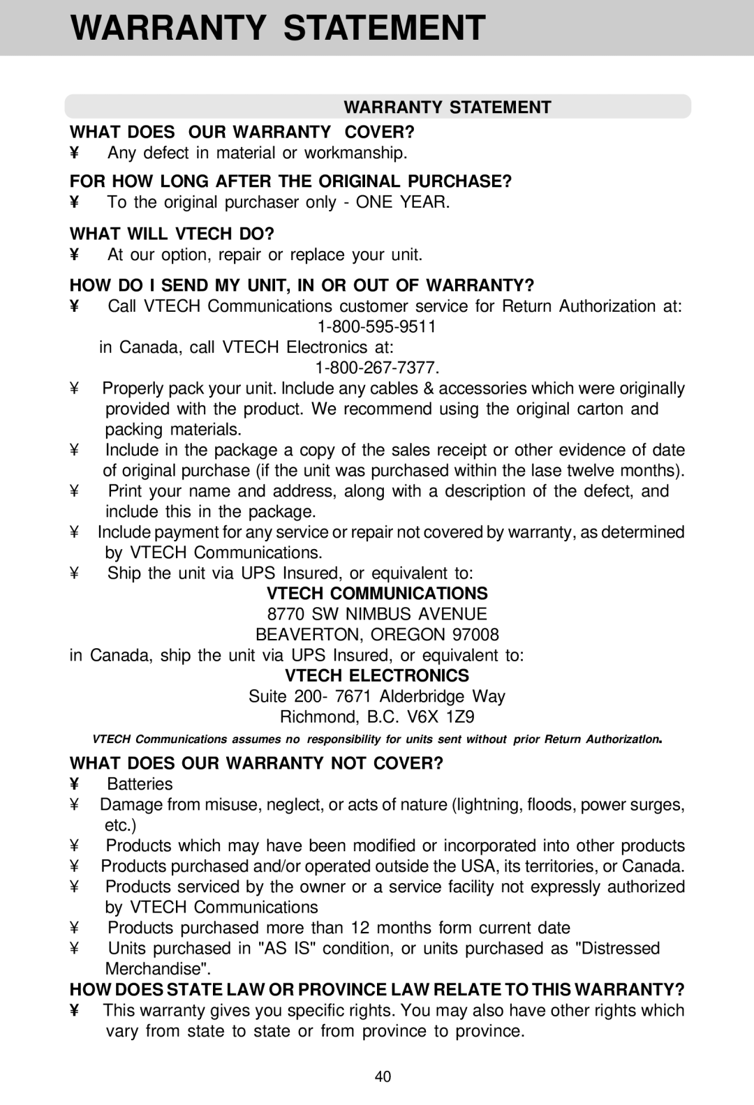 VTech VT 1930c manual Warranty Statement 