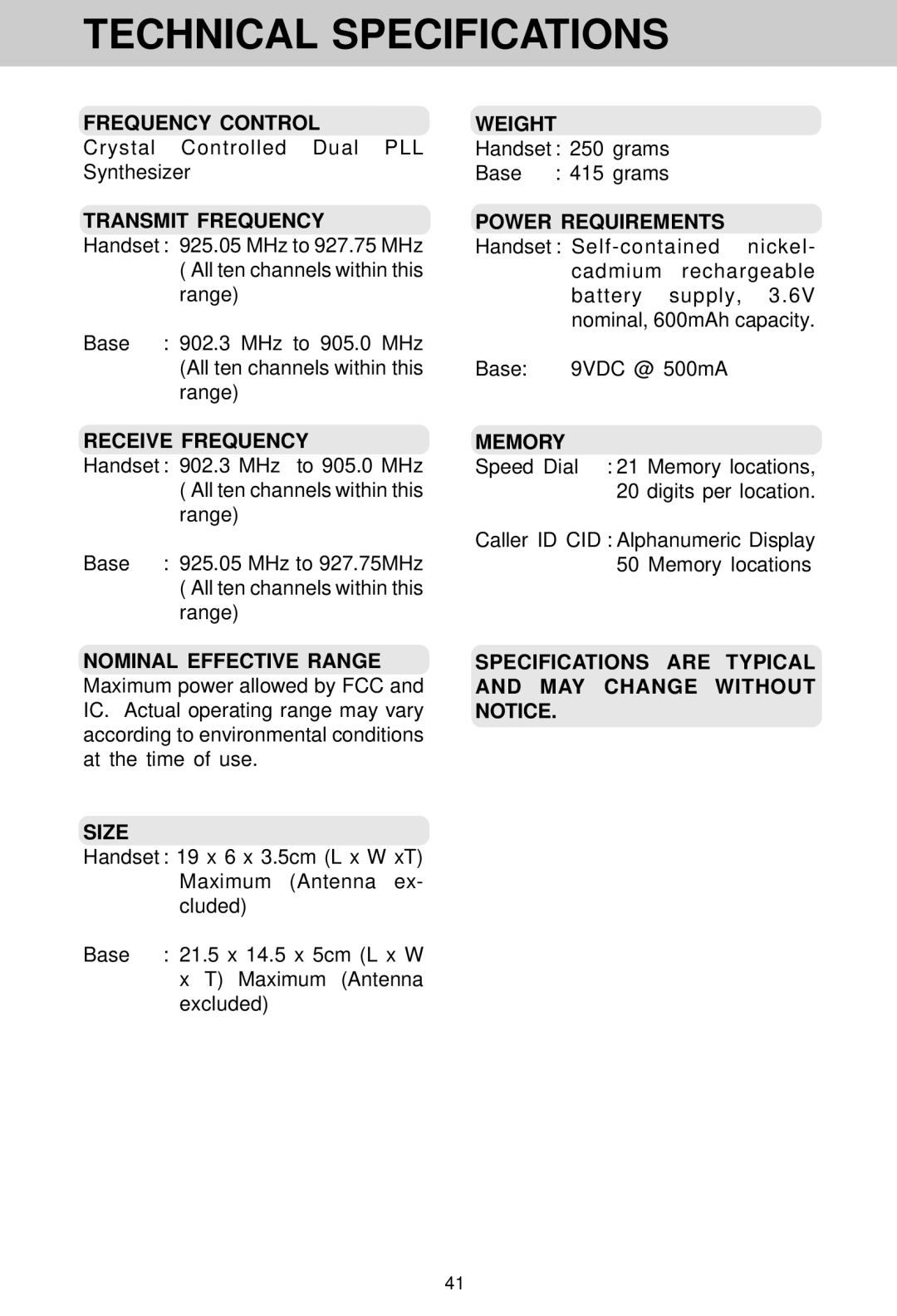 VTech VT 1930c manual Technical Specifications 