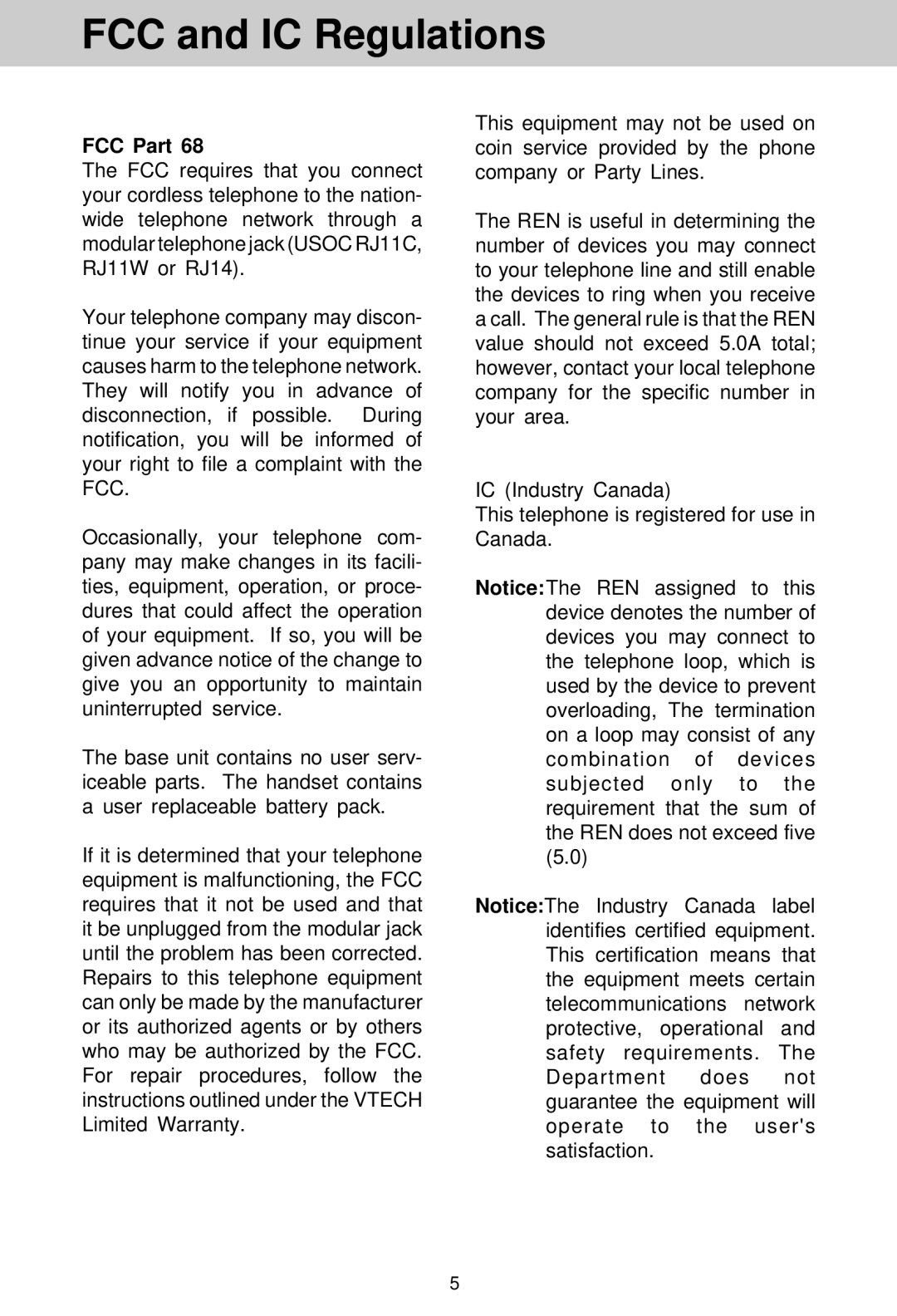 VTech VT 1930c manual FCC and IC Regulations 