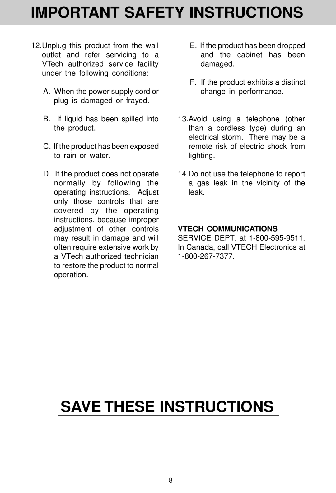 VTech VT 1930c manual Important Safety Instructions 