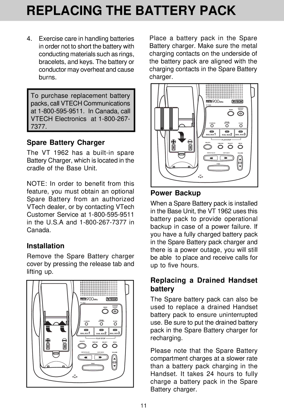 VTech VT 1962 manual Spare Battery Charger, Installation, Power Backup, Replacing a Drained Handset battery 