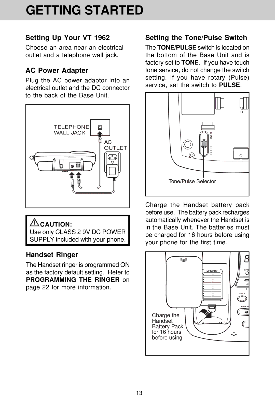 VTech VT 1962 manual Getting Started, Setting Up Your VT, AC Power Adapter, Setting the Tone/Pulse Switch, Handset Ringer 