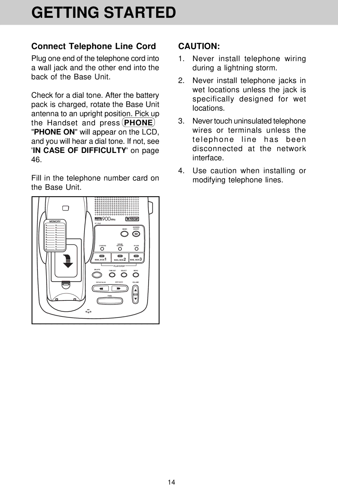 VTech VT 1962 manual Connect Telephone Line Cord 