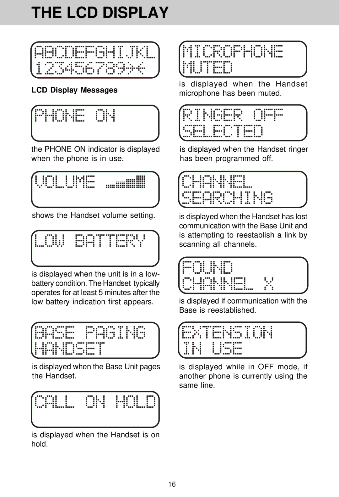 VTech VT 1962 manual LCD Display Messages 