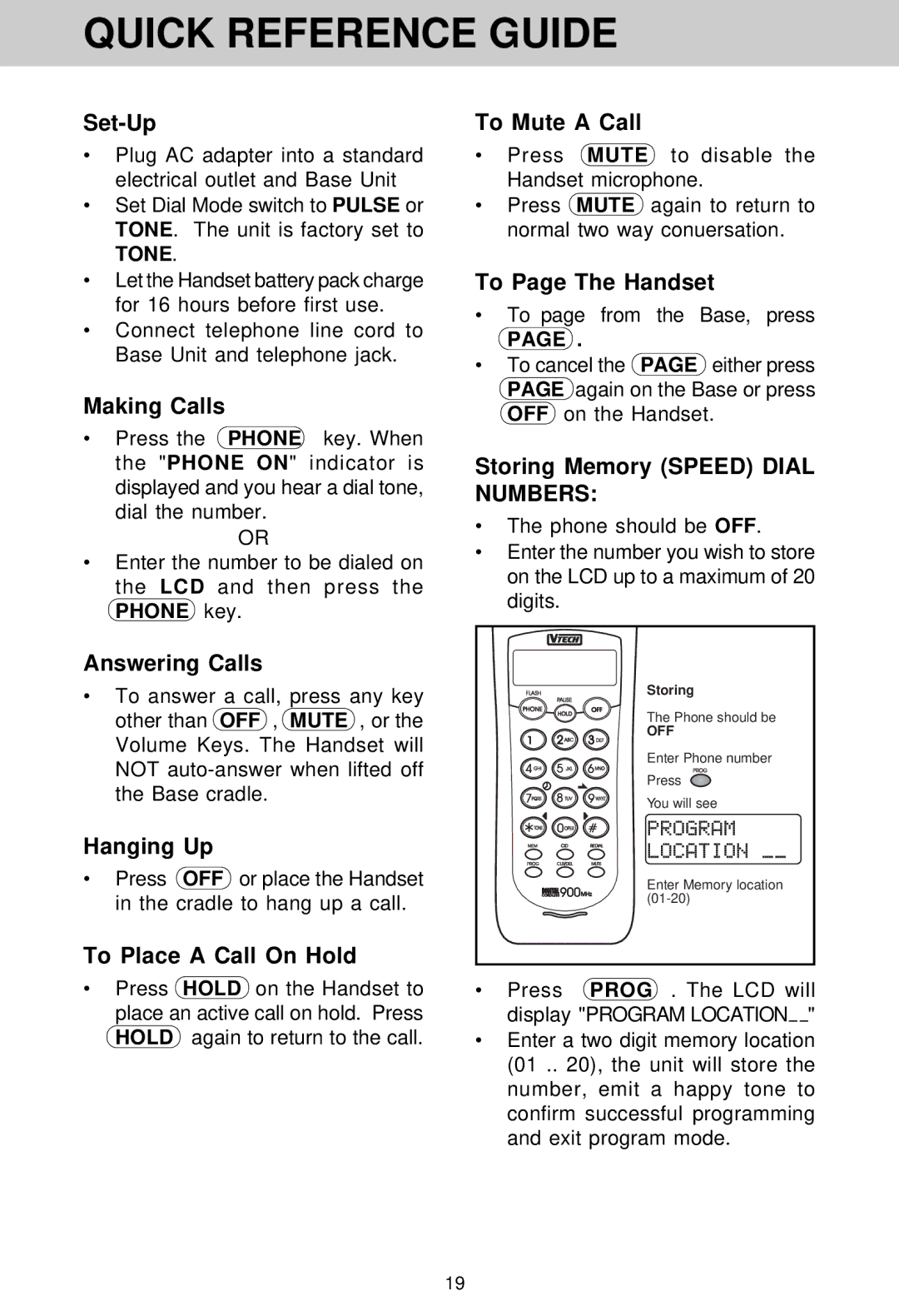 VTech VT 1962 manual Quick Reference Guide 