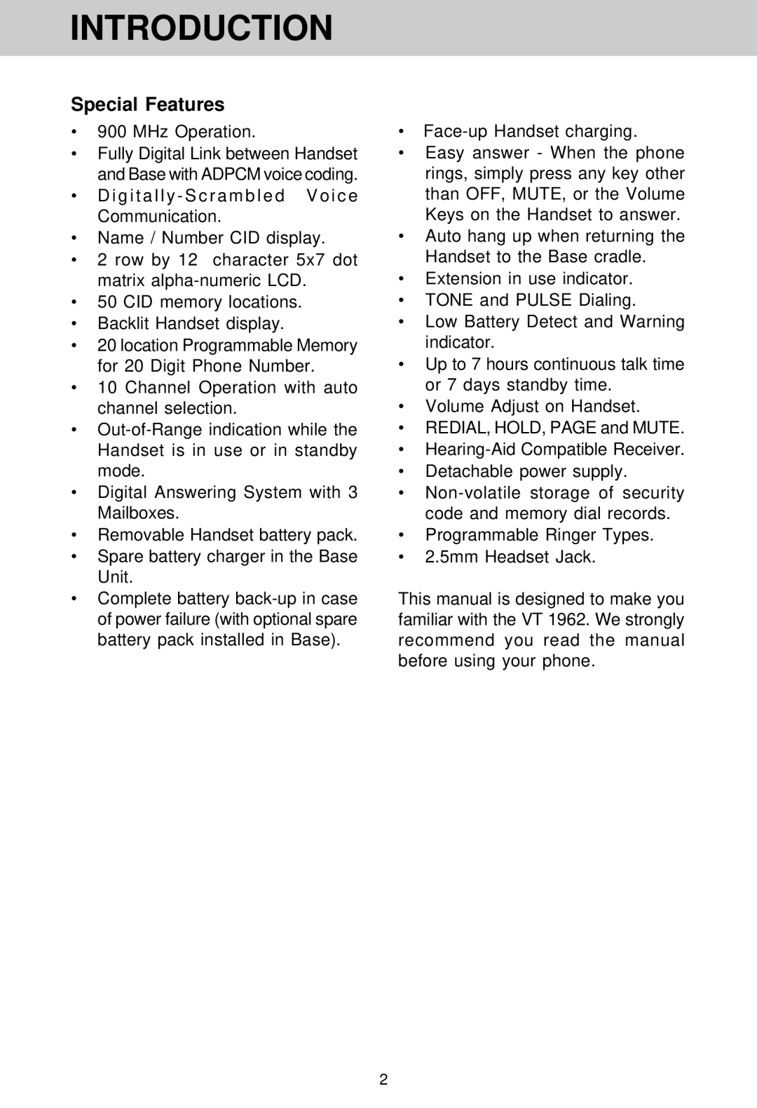 VTech VT 1962 manual Special Features, MHz Operation 