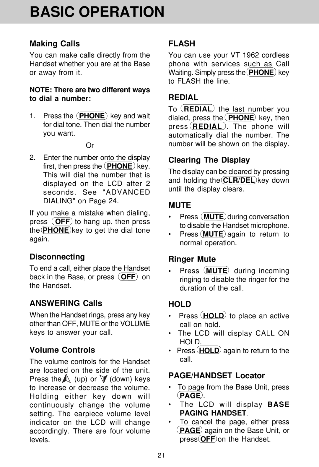 VTech VT 1962 manual Basic Operation 