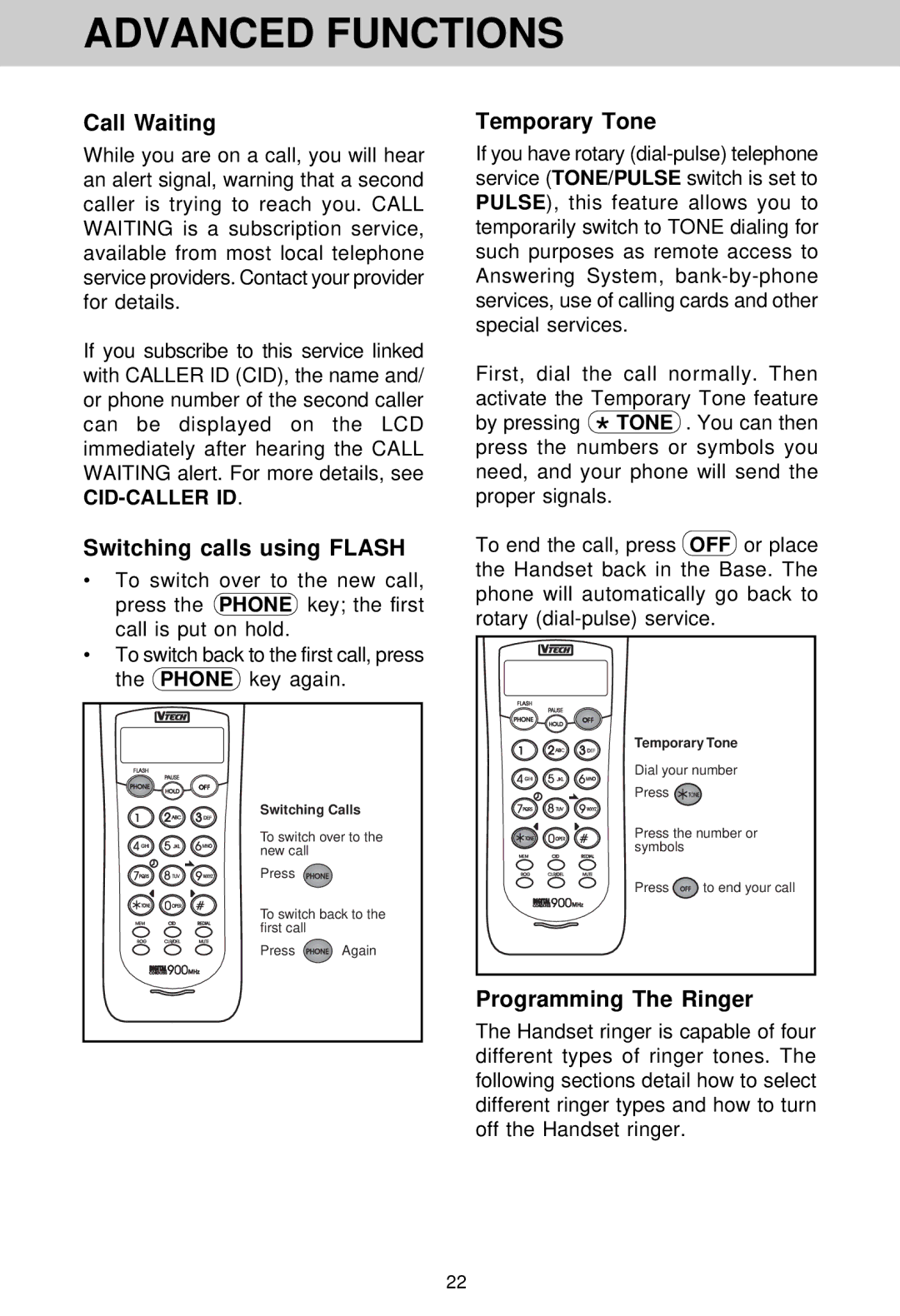 VTech VT 1962 manual Advanced Functions, Call Waiting, Switching calls using Flash, Temporary Tone, Programming The Ringer 