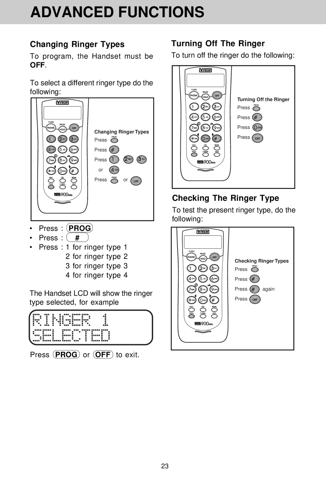 VTech VT 1962 manual Changing Ringer Types, Turning Off The Ringer, Checking The Ringer Type 