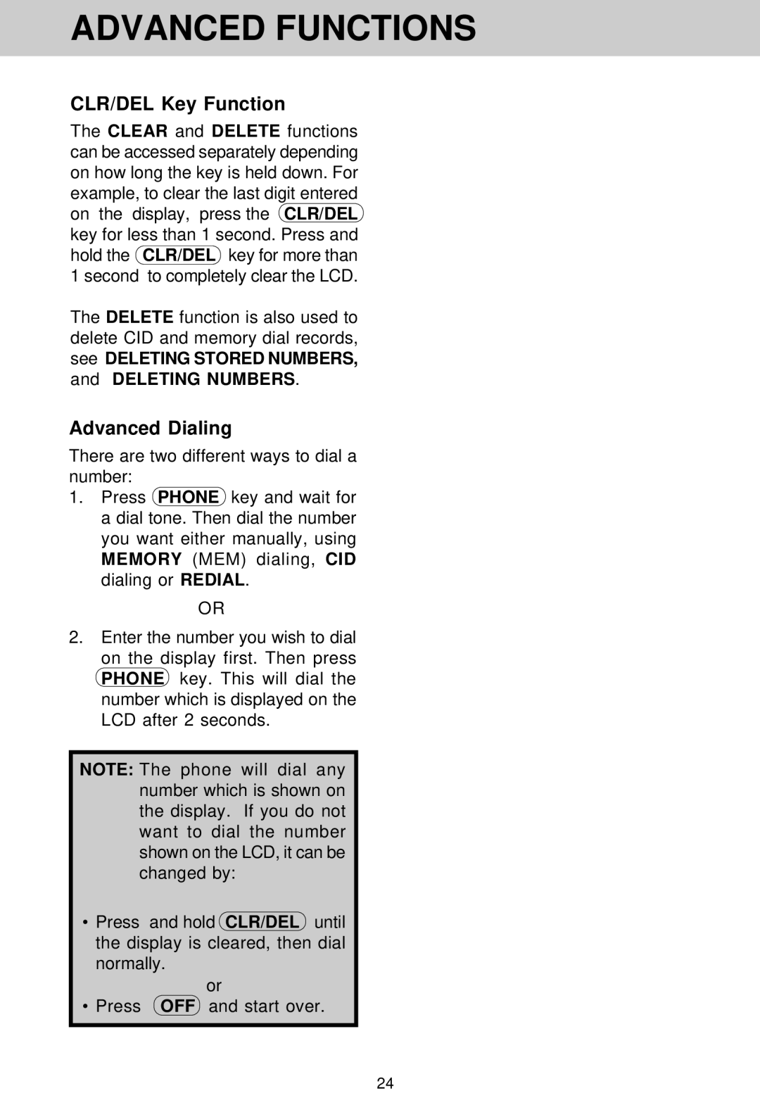 VTech VT 1962 manual CLR/DEL Key Function, Advanced Dialing 