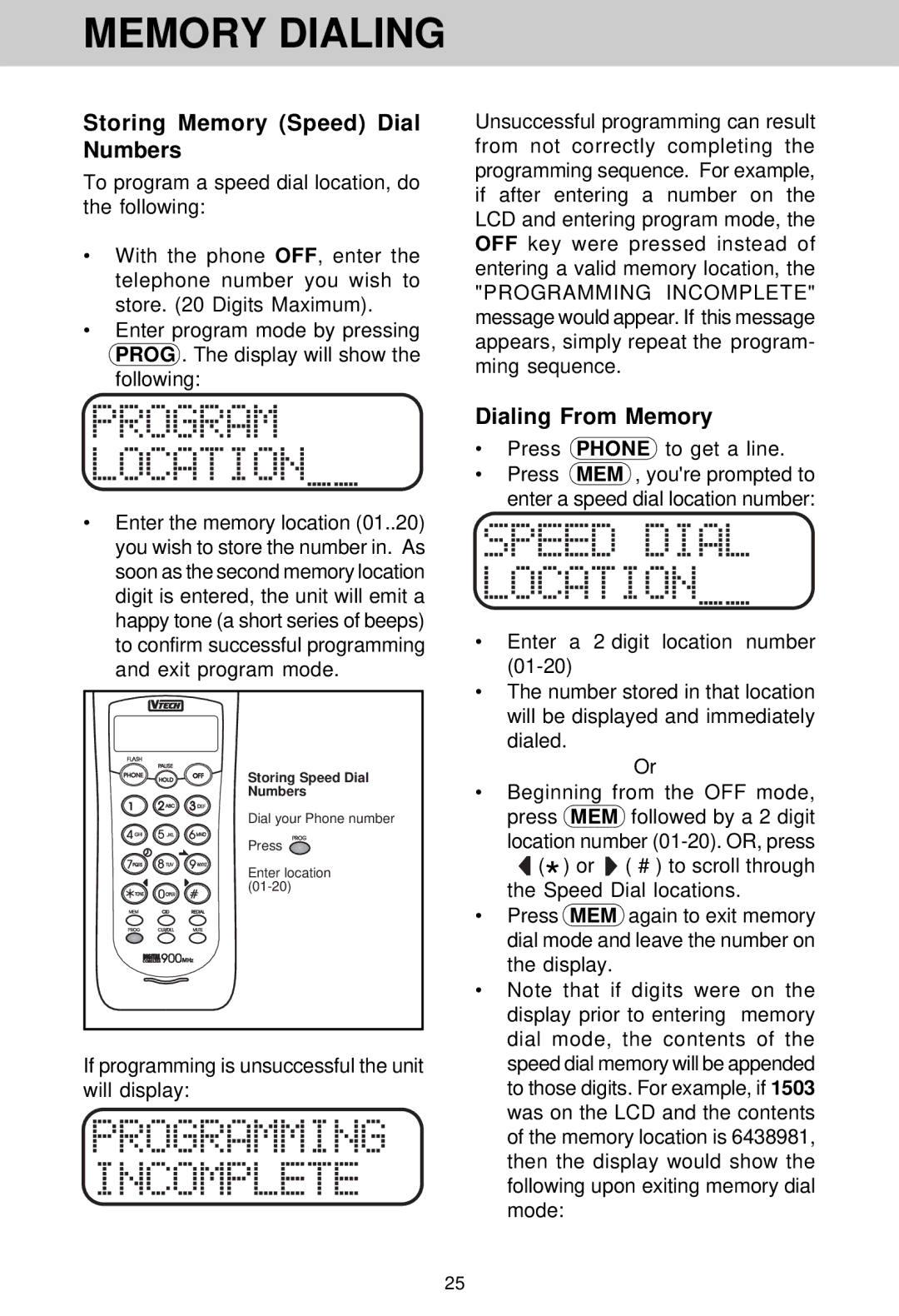 VTech VT 1962 manual Memory Dialing, Dialing From Memory, If programming is unsuccessful the unit will display 