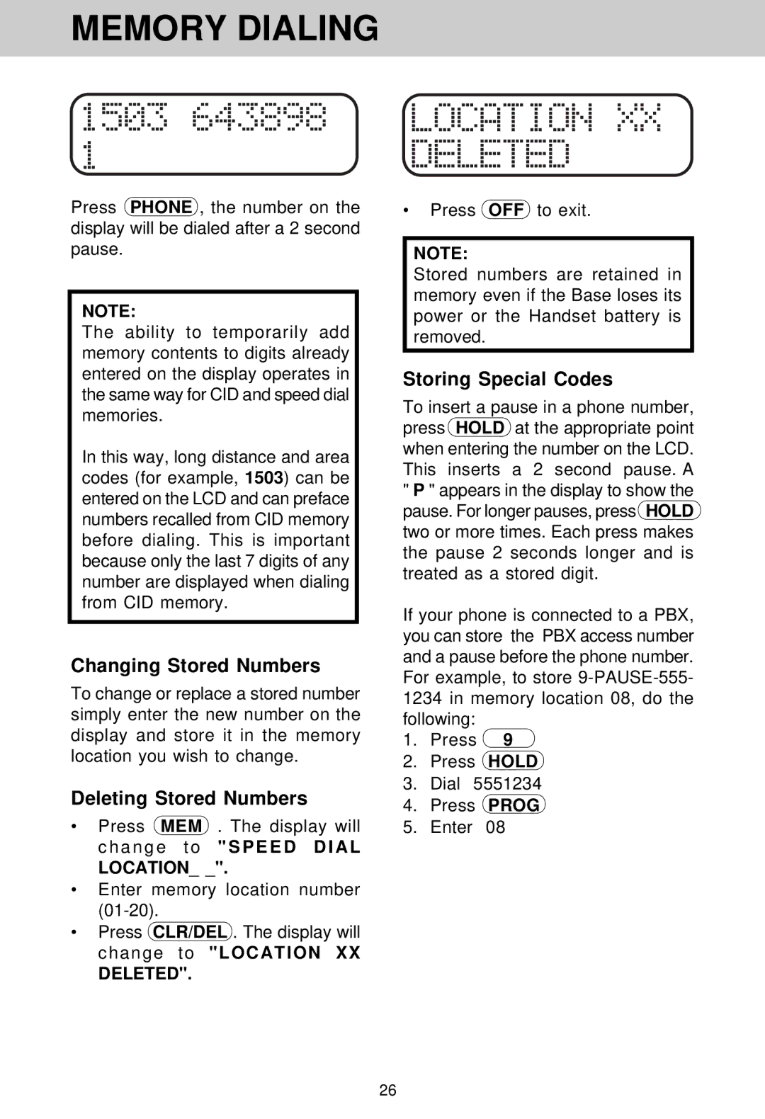 VTech VT 1962 manual Changing Stored Numbers, Deleting Stored Numbers, Storing Special Codes 