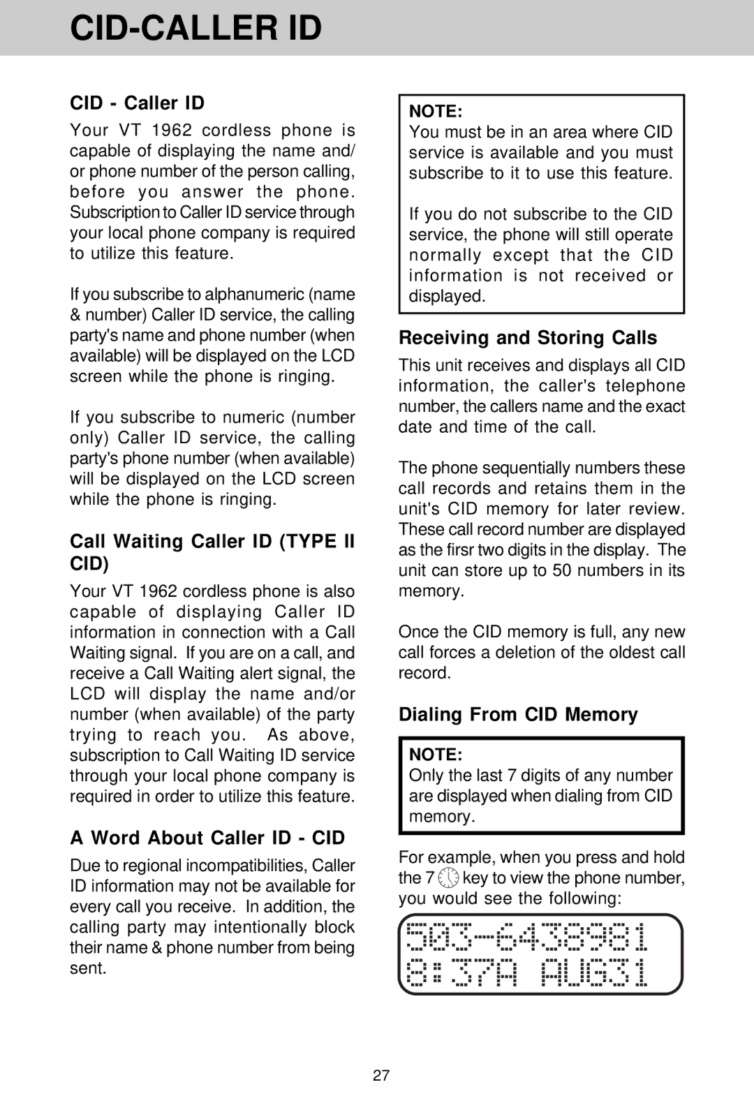 VTech VT 1962 Cid-Caller Id, Call Waiting Caller ID Type II CID, Word About Caller ID CID, Receiving and Storing Calls 