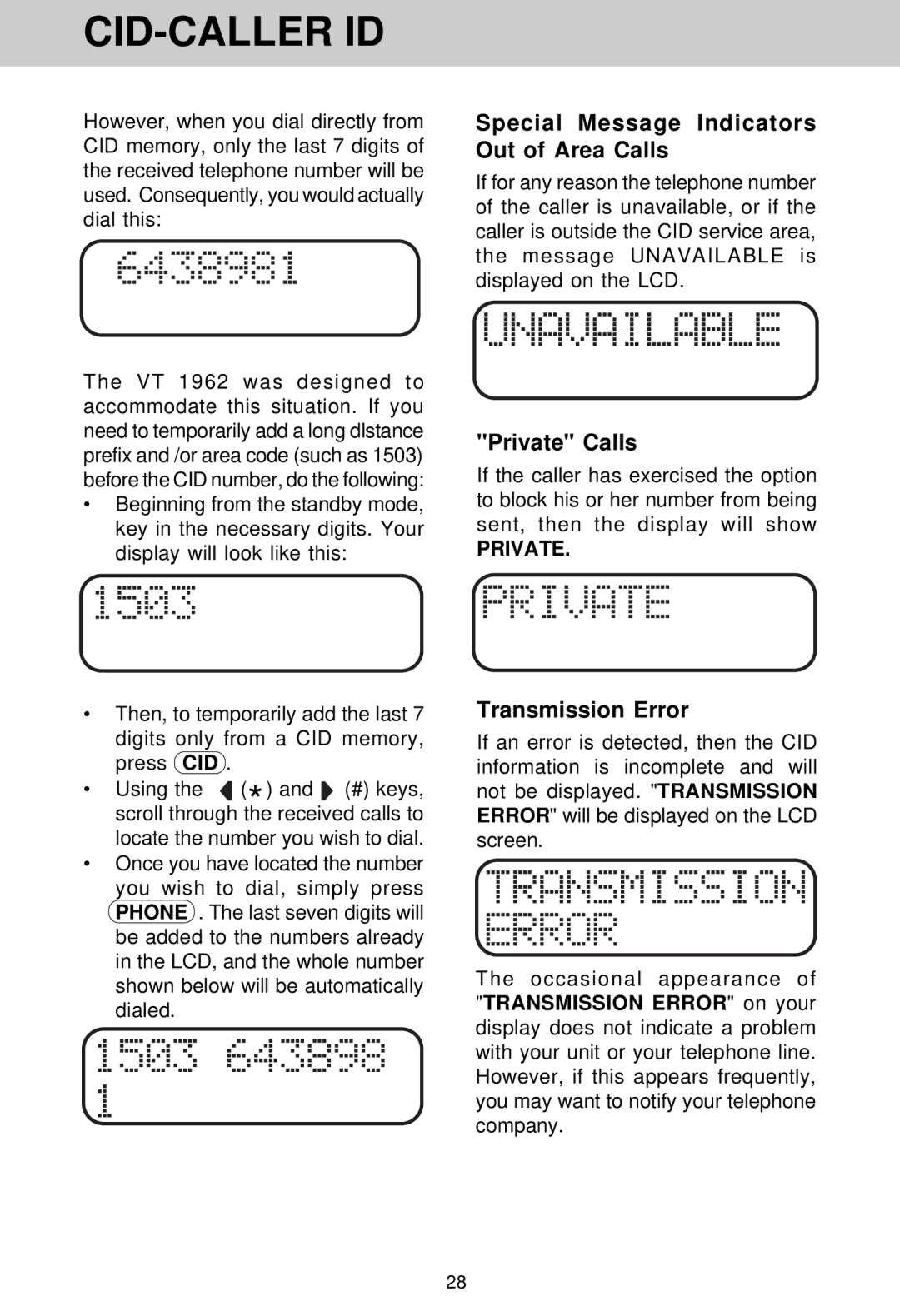 VTech VT 1962 manual Special Message Indicators Out of Area Calls, Private Calls, Transmission Error 