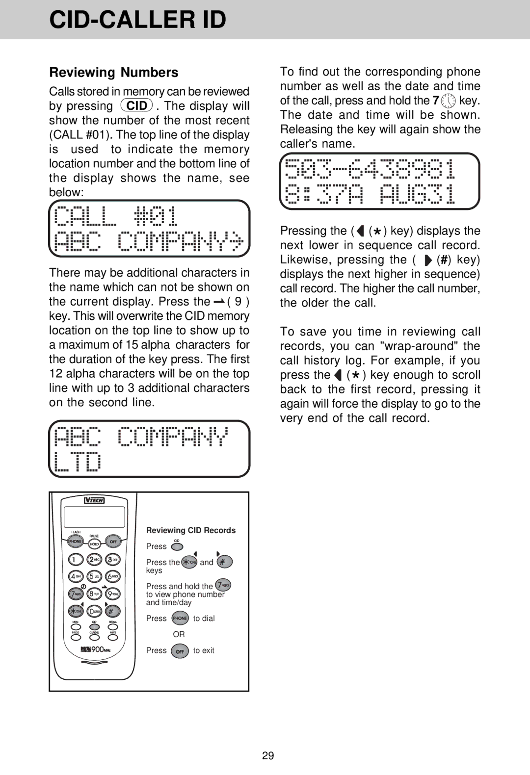 VTech VT 1962 manual Reviewing Numbers, Reviewing CID Records 