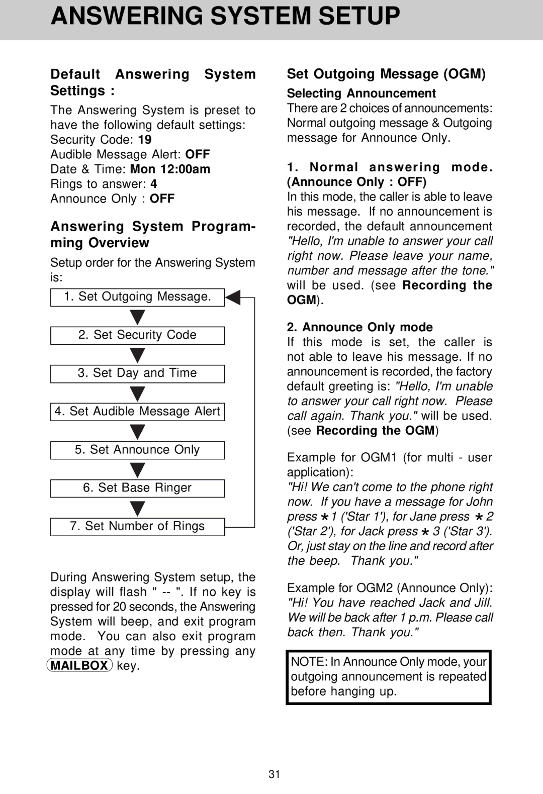 VTech VT 1962 manual Answering System Setup, Default Answering System Settings, Answering System Program- ming Overview 