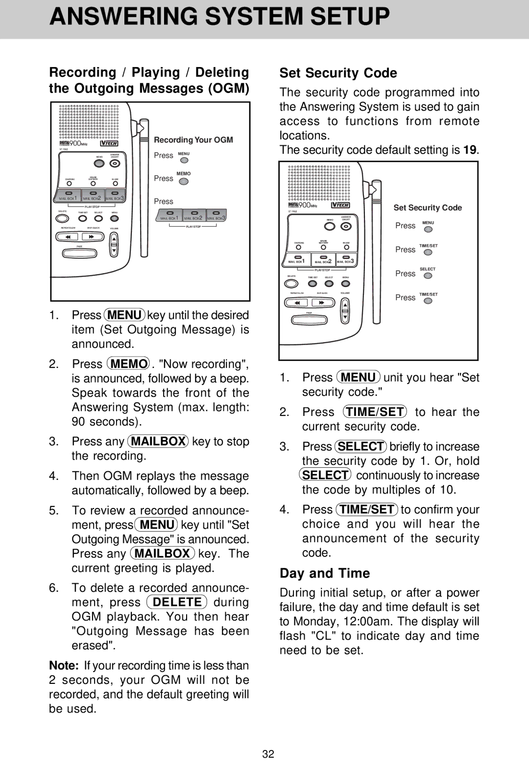 VTech VT 1962 manual Day and Time, Security code default setting is 