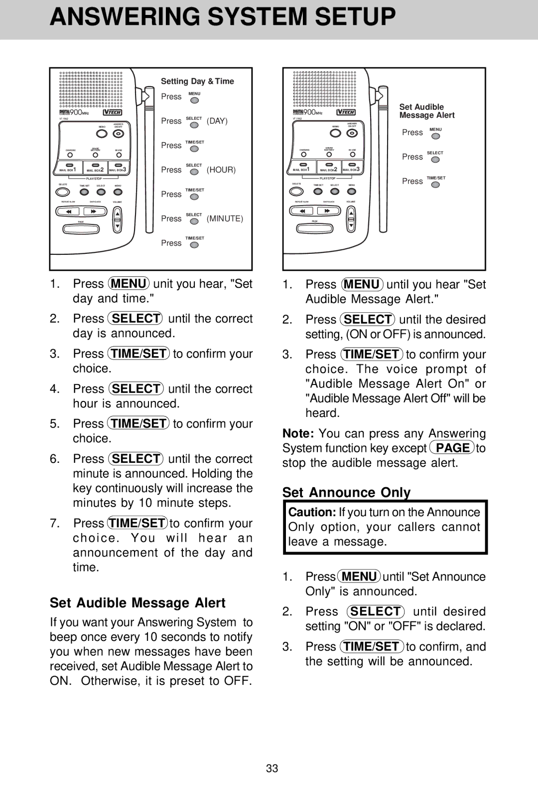 VTech VT 1962 manual Set Audible Message Alert, Set Announce Only 