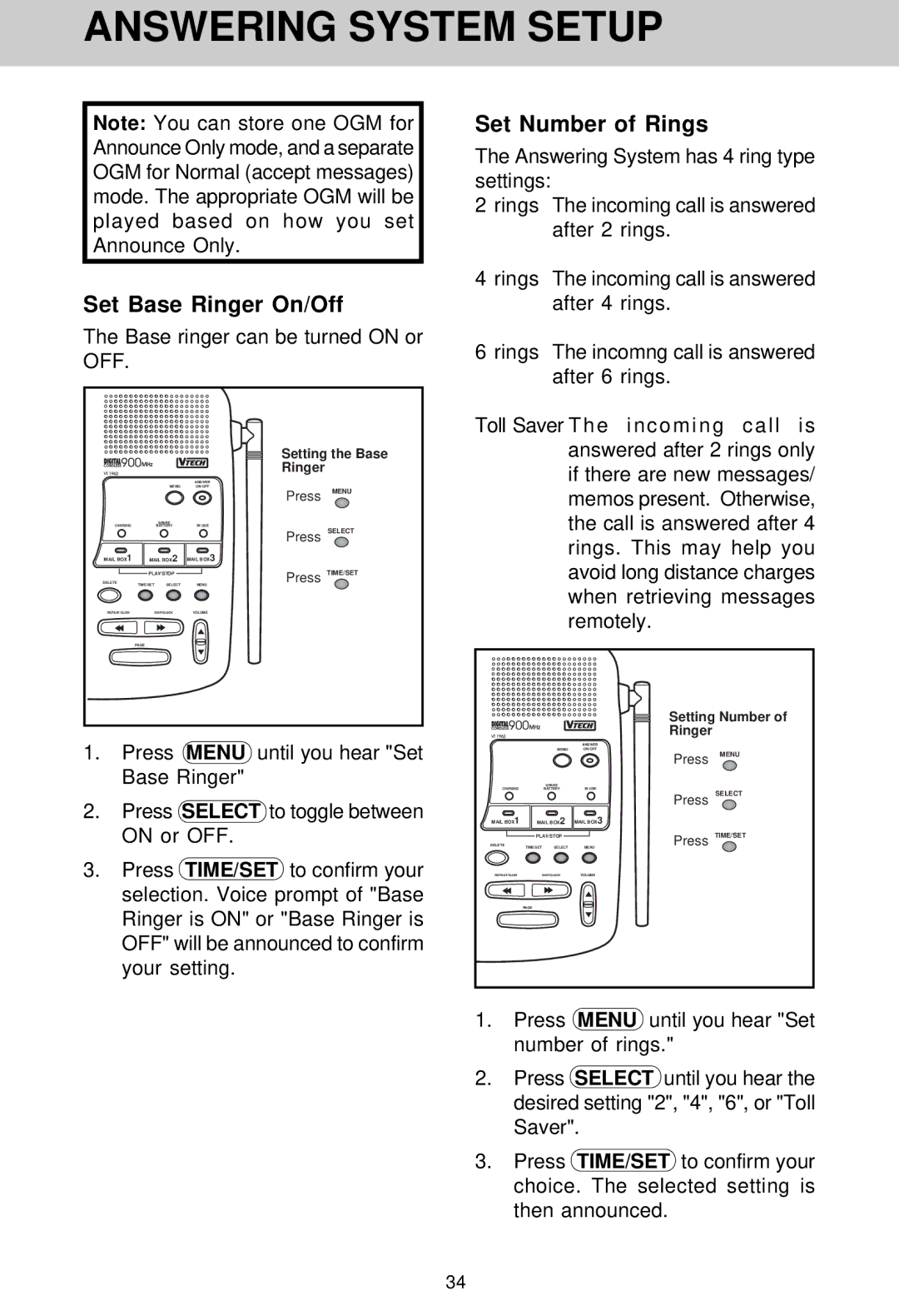 VTech VT 1962 manual Set Base Ringer On/Off, Set Number of Rings, Base ringer can be turned on or OFF 