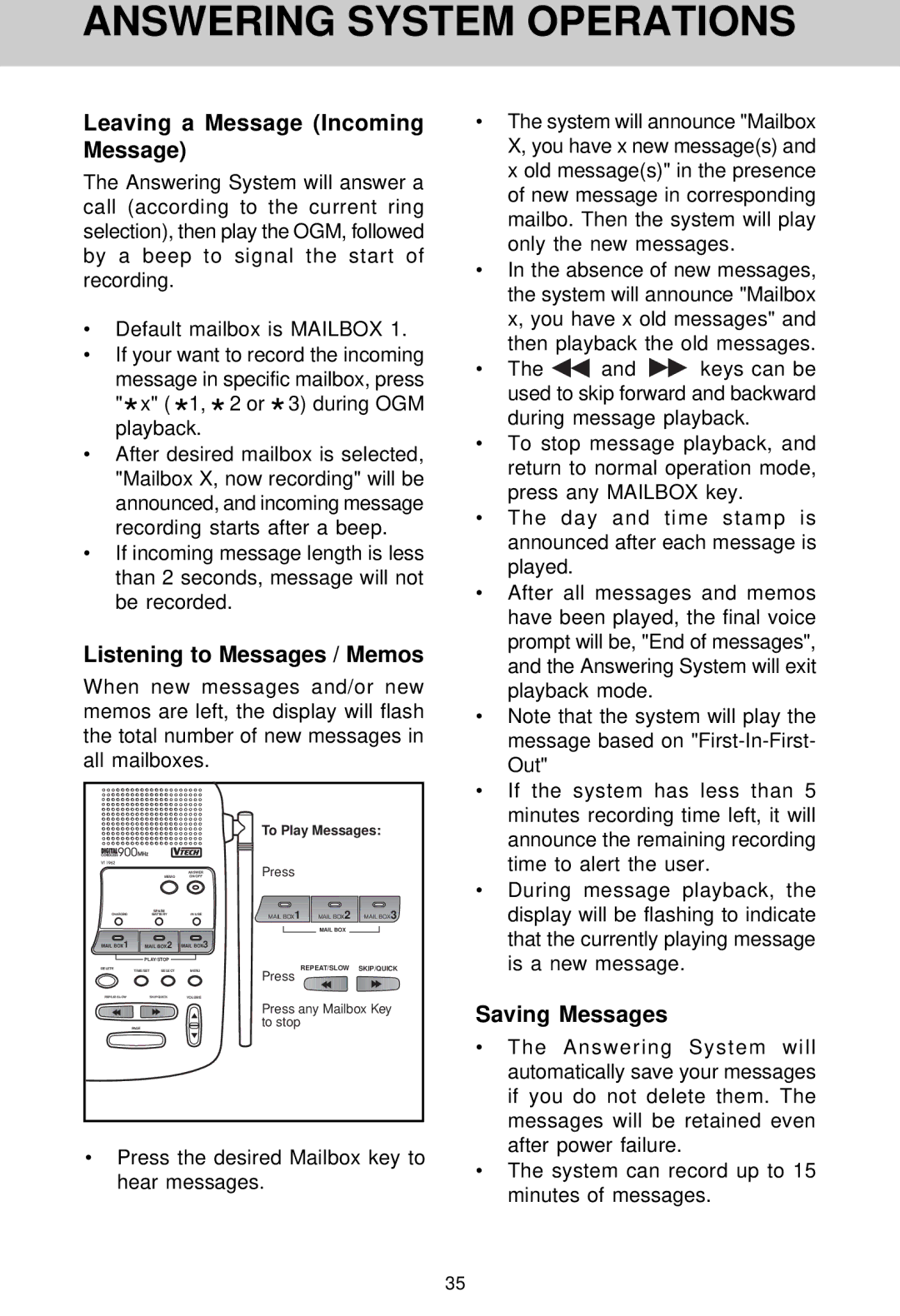 VTech VT 1962 manual Answering System Operations, Leaving a Message Incoming Message, Listening to Messages / Memos 