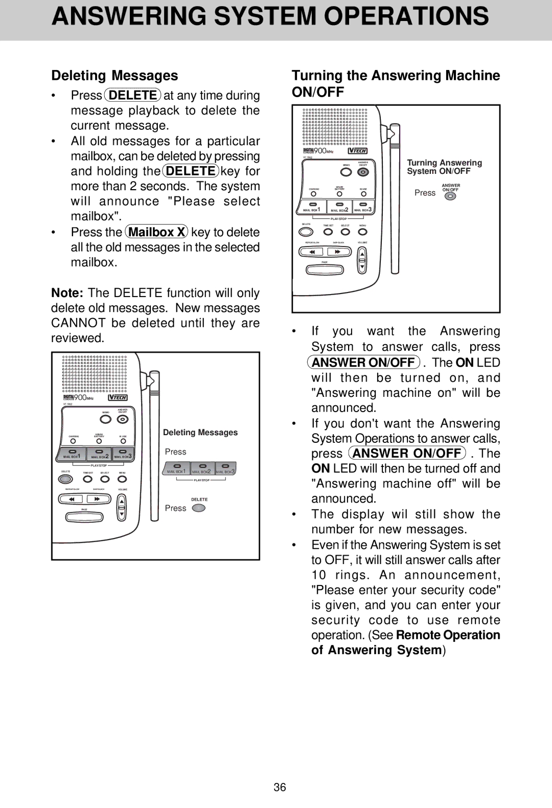 VTech VT 1962 manual Deleting Messages, Turning the Answering Machine 