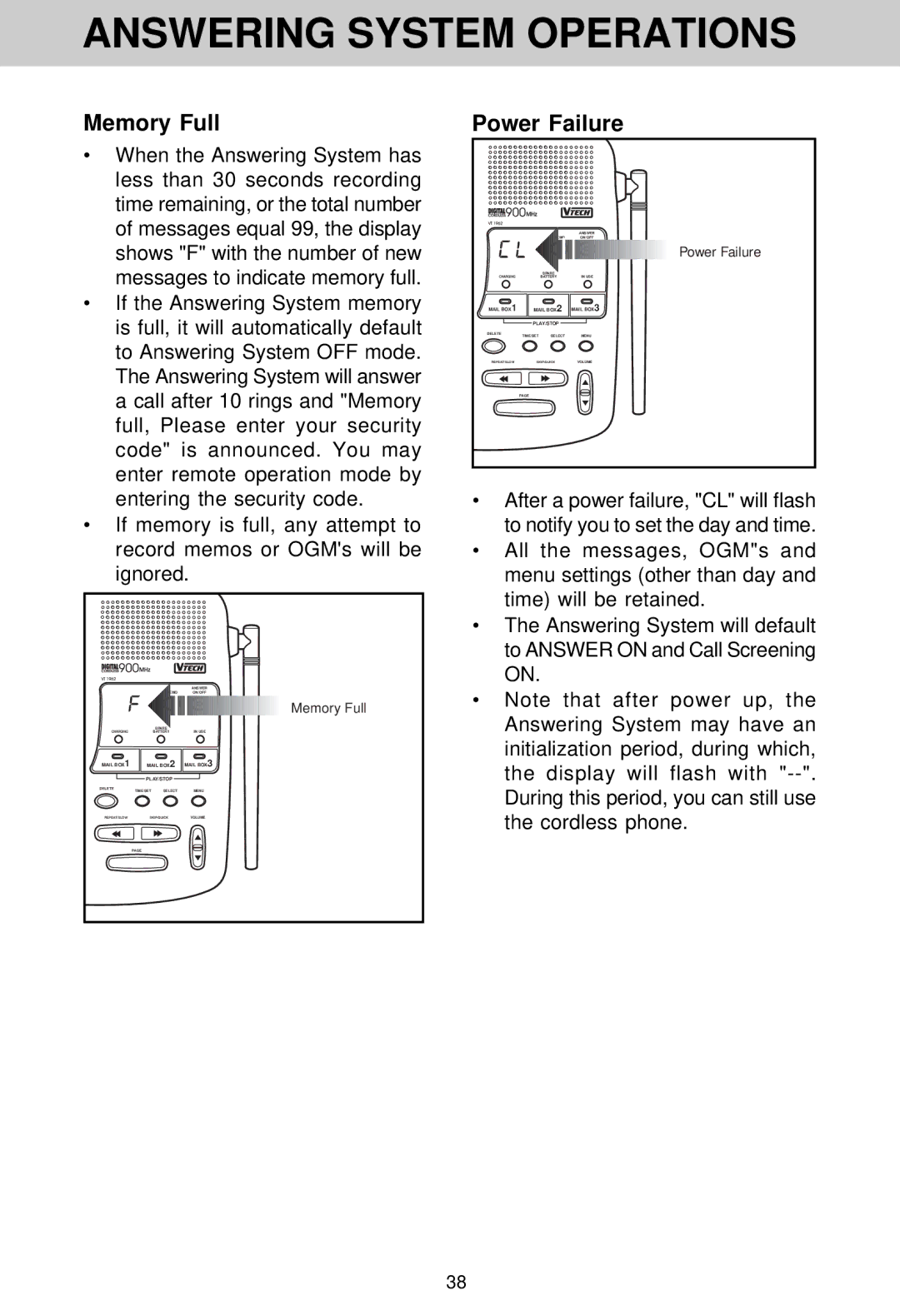 VTech VT 1962 manual Memory Full Power Failure 