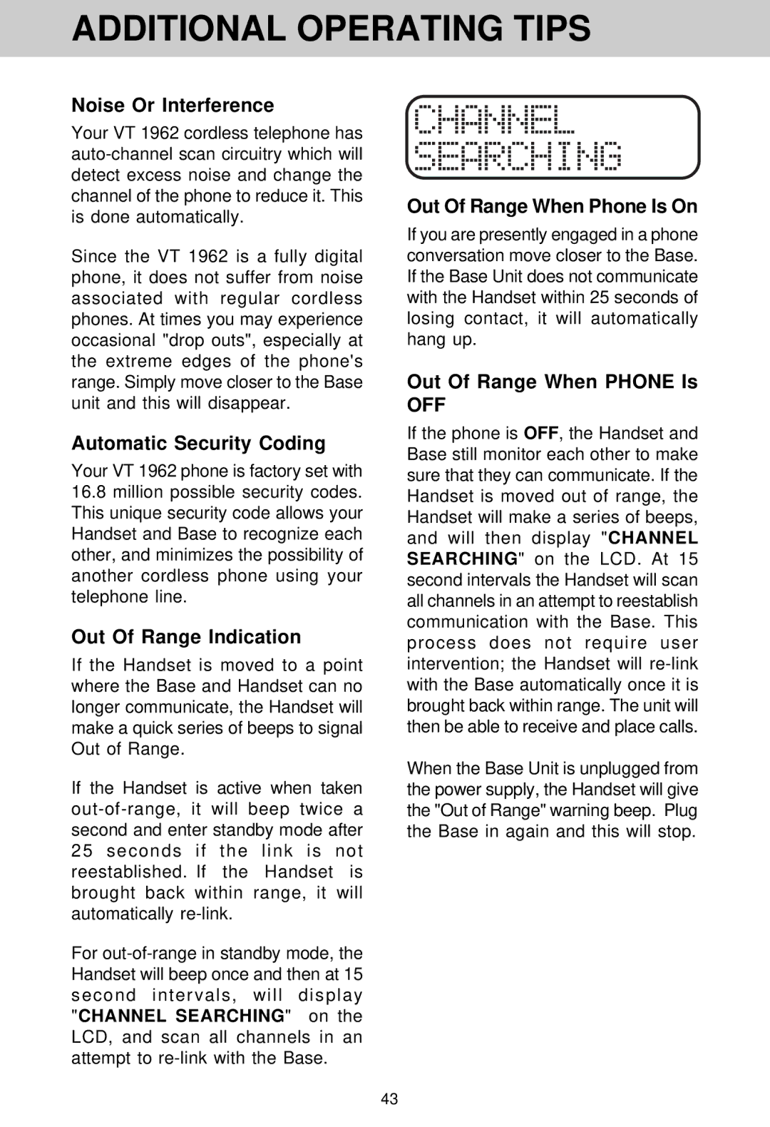 VTech VT 1962 manual Additional Operating Tips 