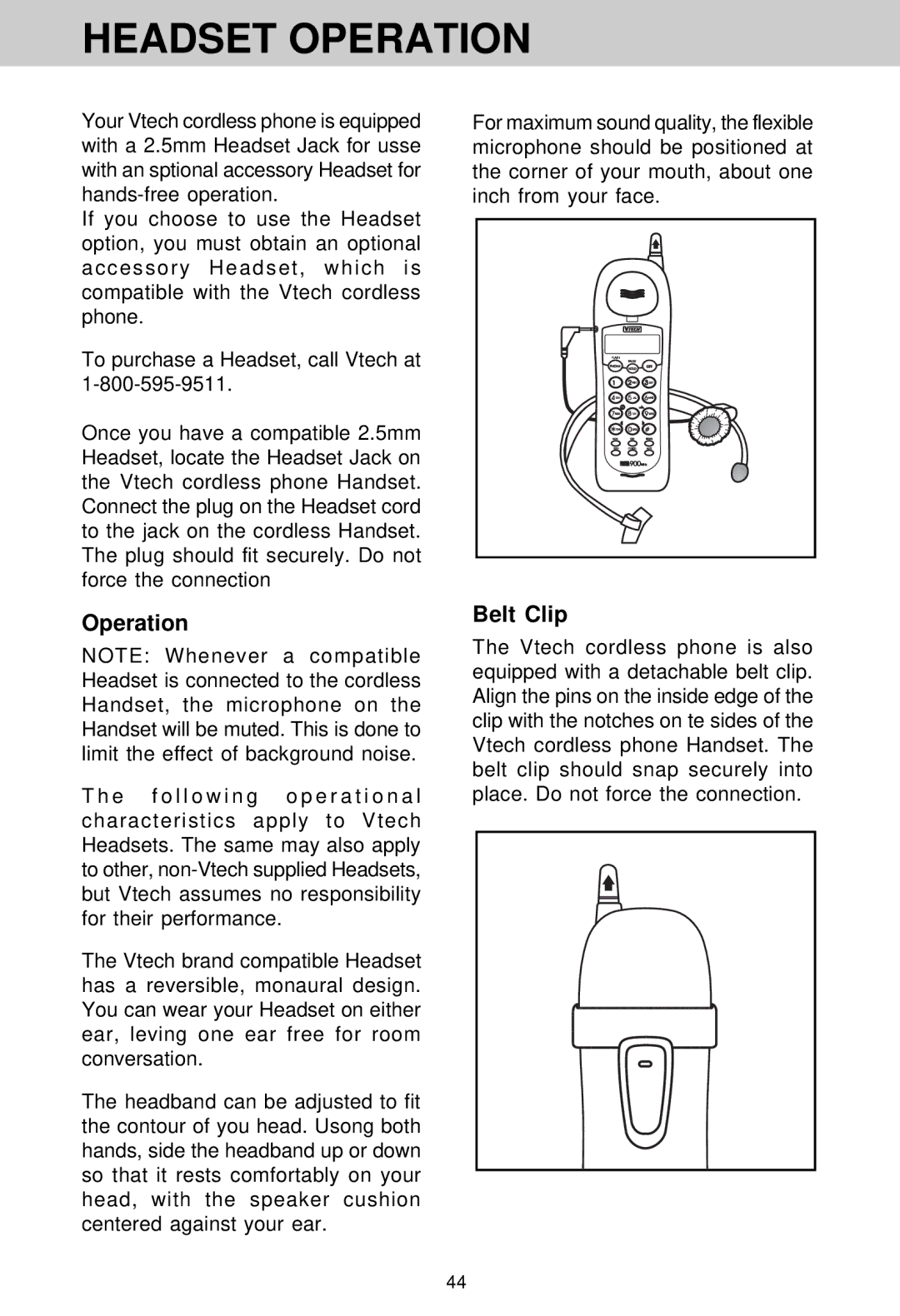 VTech VT 1962 manual Headset Operation, Belt Clip 