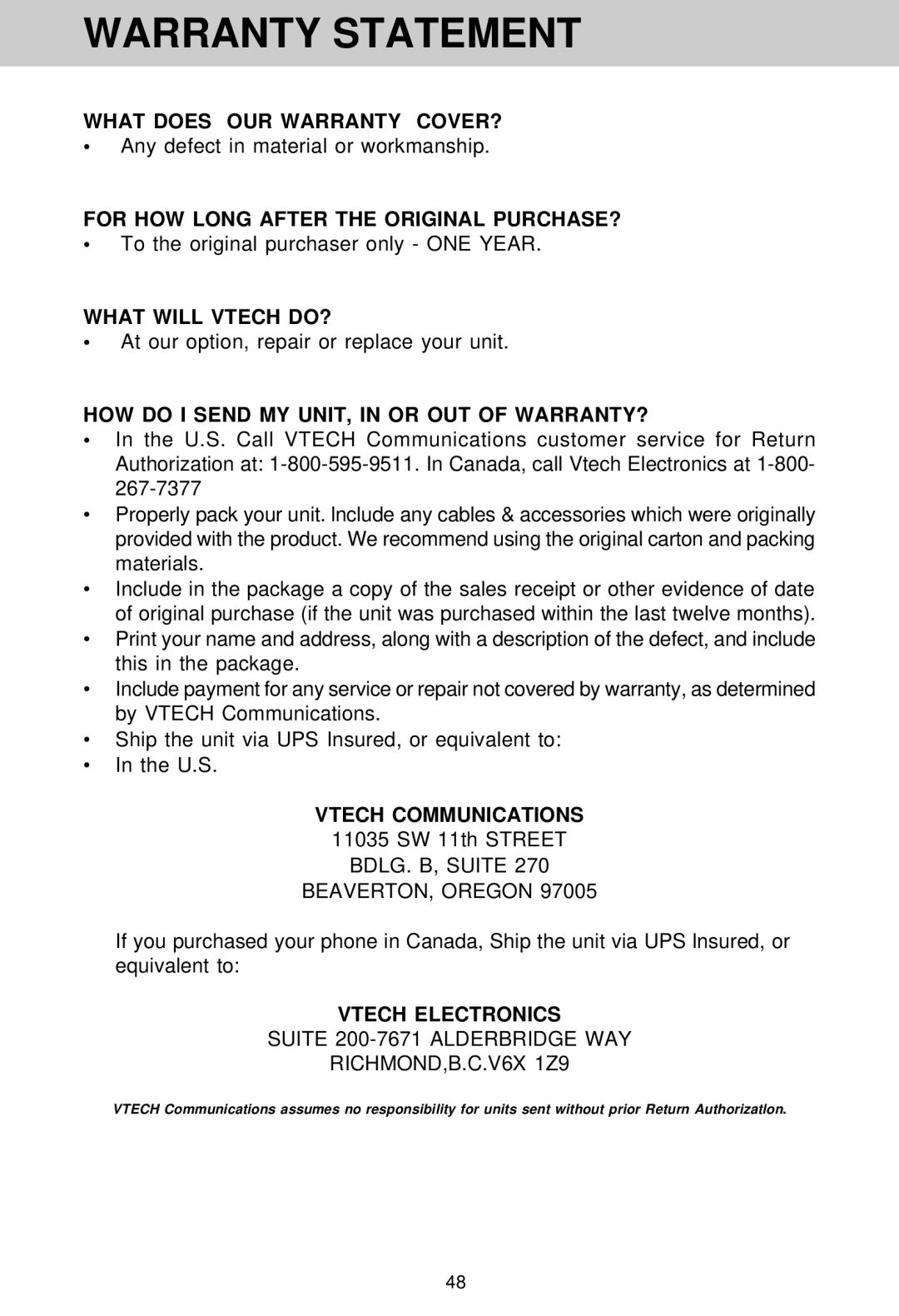 VTech VT 1962 manual Warranty Statement, Any defect in material or workmanship, To the original purchaser only ONE Year 