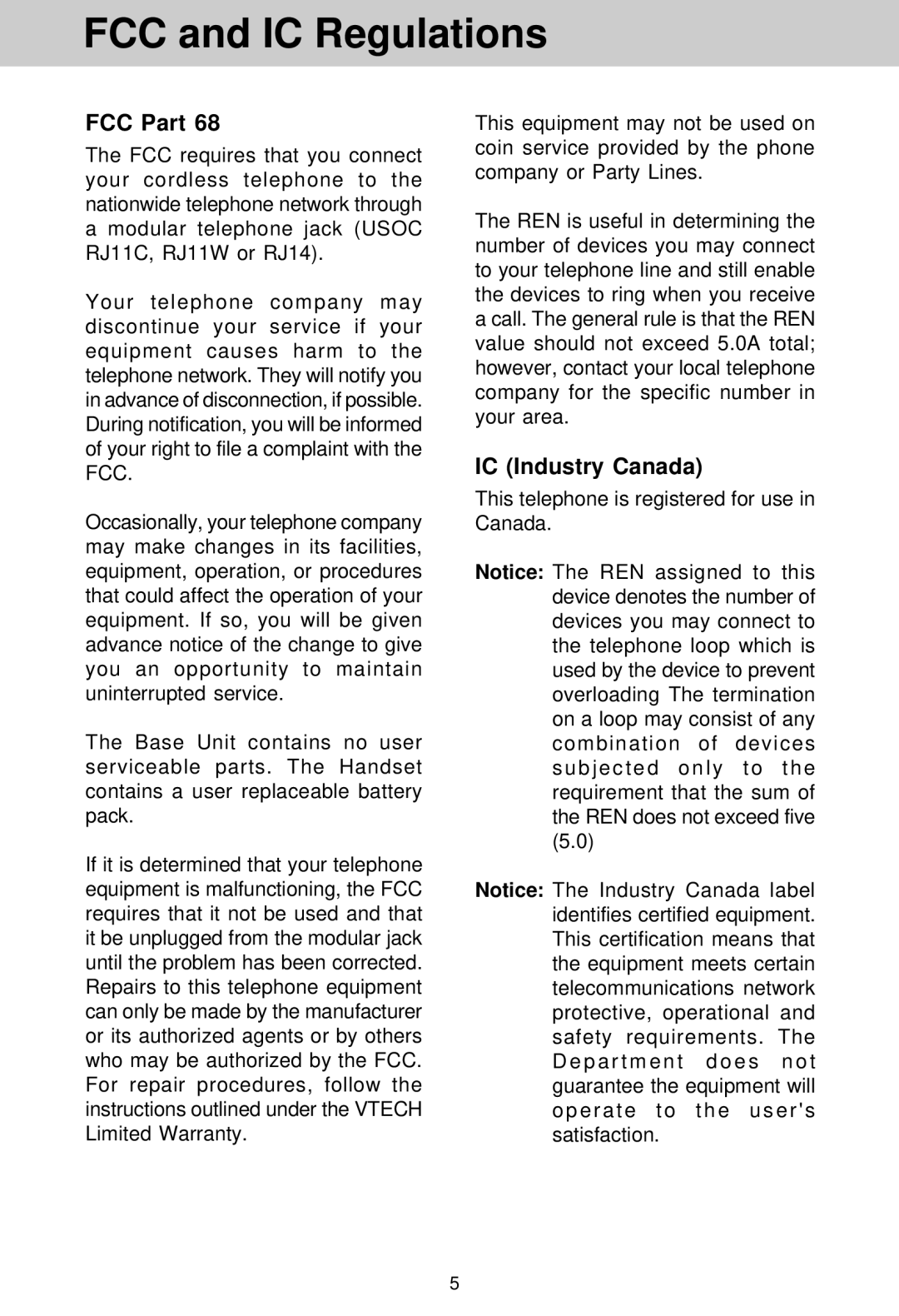 VTech VT 1962 manual IC Industry Canada, This telephone is registered for use in Canada 