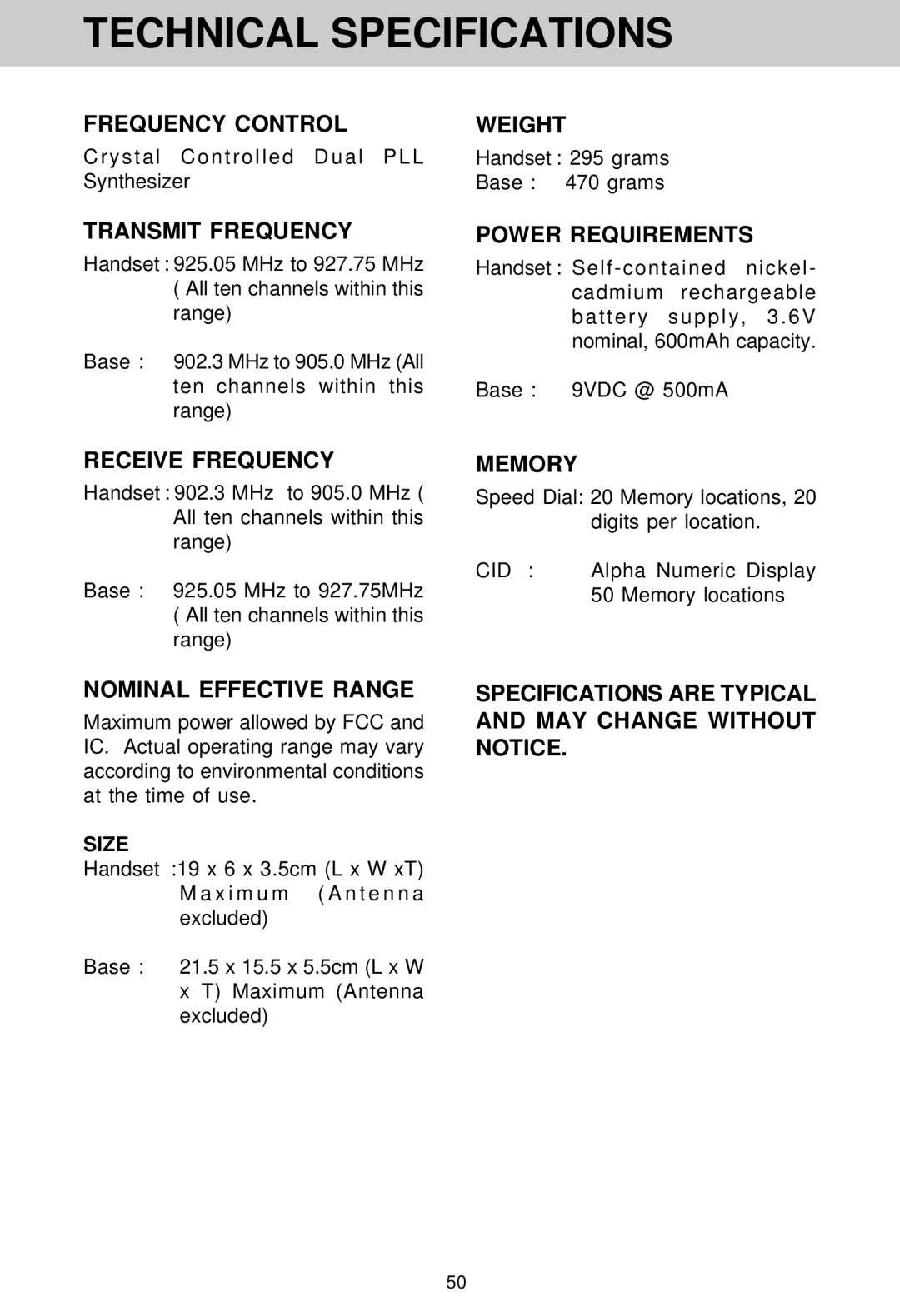 VTech VT 1962 manual Technical Specifications, Crystal Controlled Dual PLL Synthesizer, Handset 295 grams Base 470 grams 