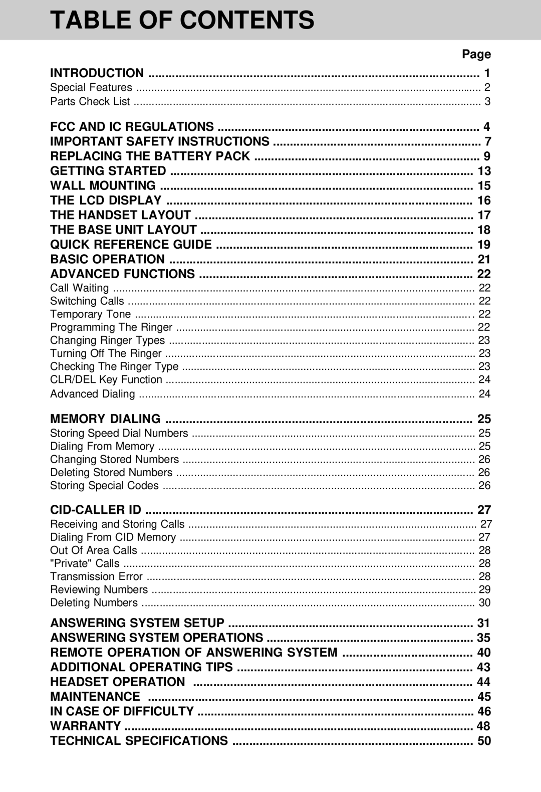 VTech VT 1962 manual Table of Contents 