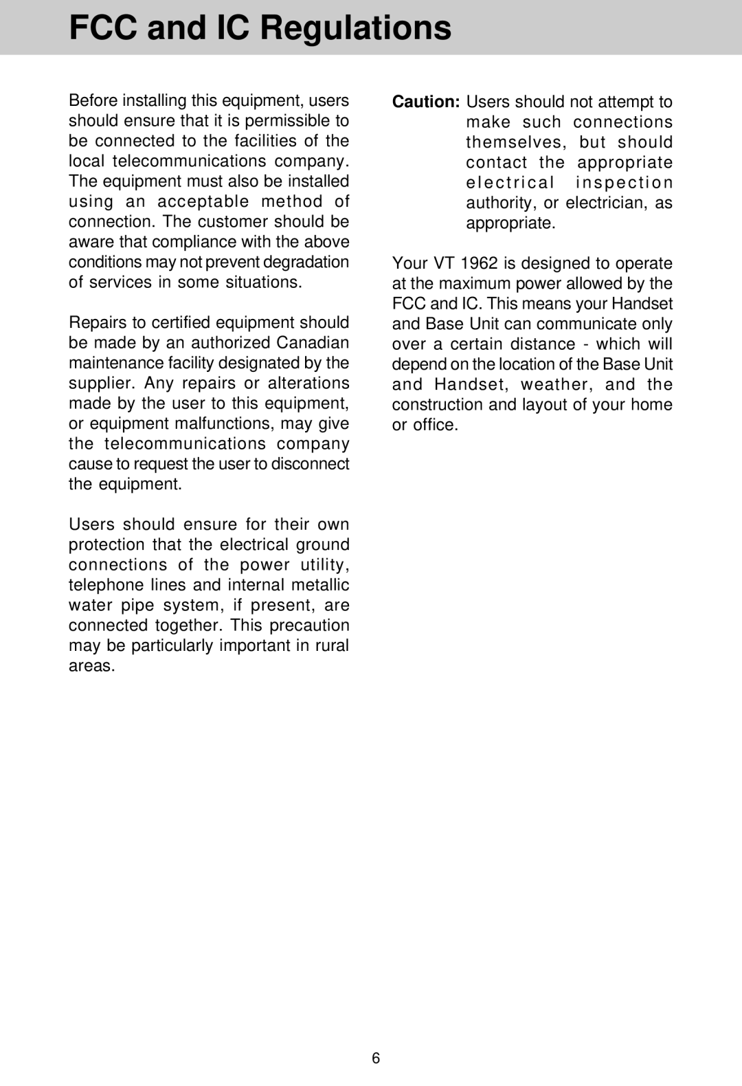 VTech VT 1962 manual FCC and IC Regulations 