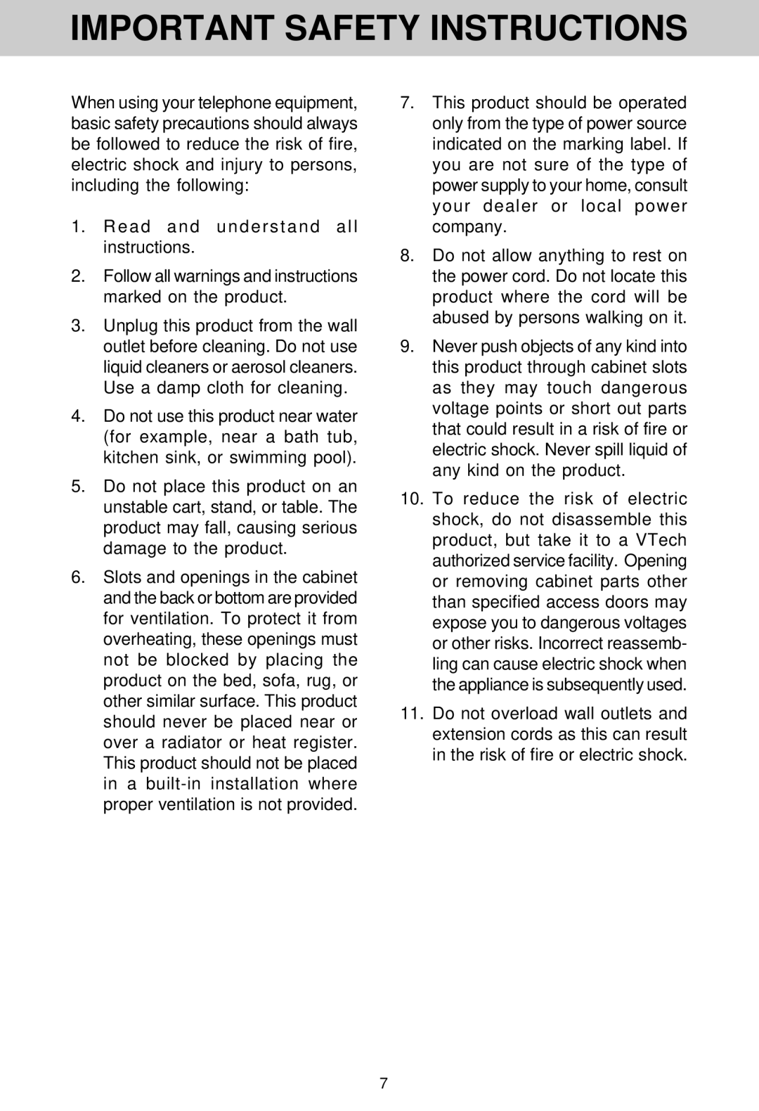 VTech VT 1962 manual Important Safety Instructions, Read and understand all instructions 