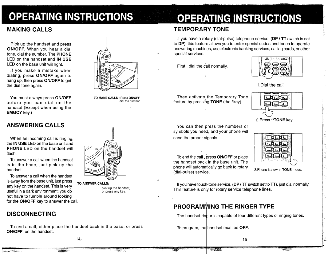 VTech VT 1980, VT-1981 manual Making Calls, Temporary Tone, Answering Calls, Disconnecting, Program ING the Ringer Type 