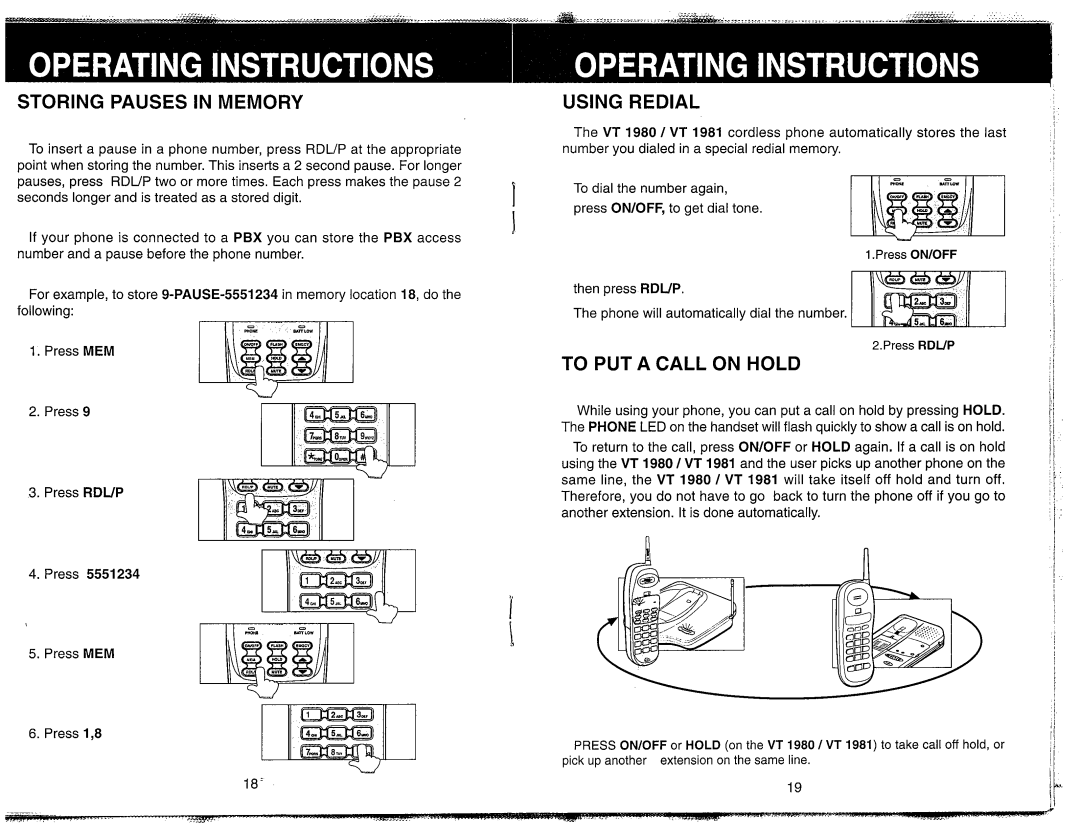 VTech VT 1980, VT-1981 manual Storing Pauses in Memory, Using Redial, To PUT a Call on Hold 