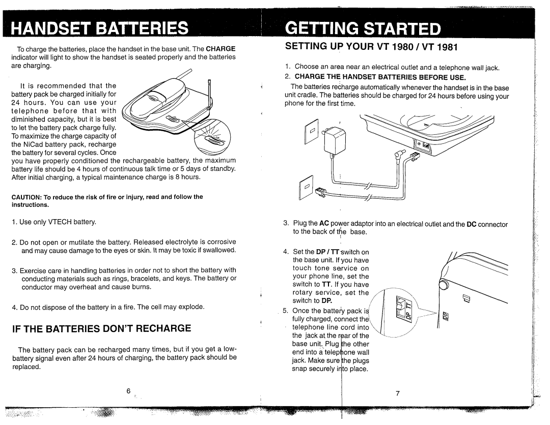 VTech VT-1981 manual If the Batteries Dontrecharge Setting UP Your VT 1980 1 VT, Use only Vtech battery 