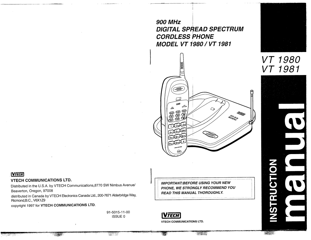 VTech VT-1981 manual MODEL VT 1980/ VT.1981, MHz DlGlTAL SPREAD SPECTRUM CORDLESS HONE, Issue 