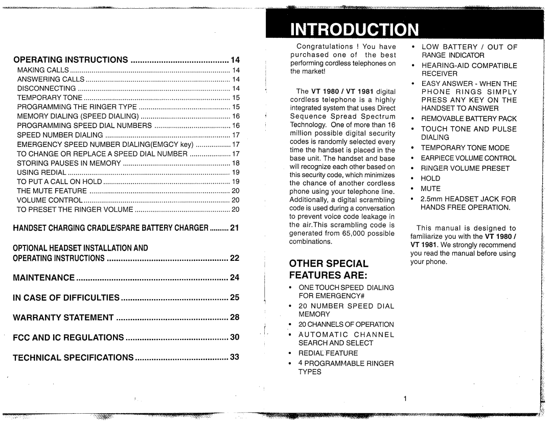 VTech VT-1981 manual Operating Instructions, Warranty Statement, Other Special Features Are, Memory Dialing Speed Dialing 