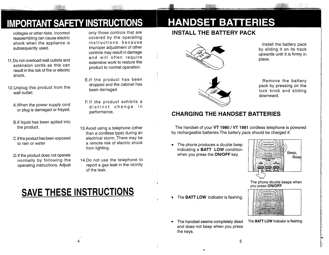 VTech VT-1981, VT 1980 manual Save These Instructions, Install The Battery Pack, Charging The Handset Batteries 